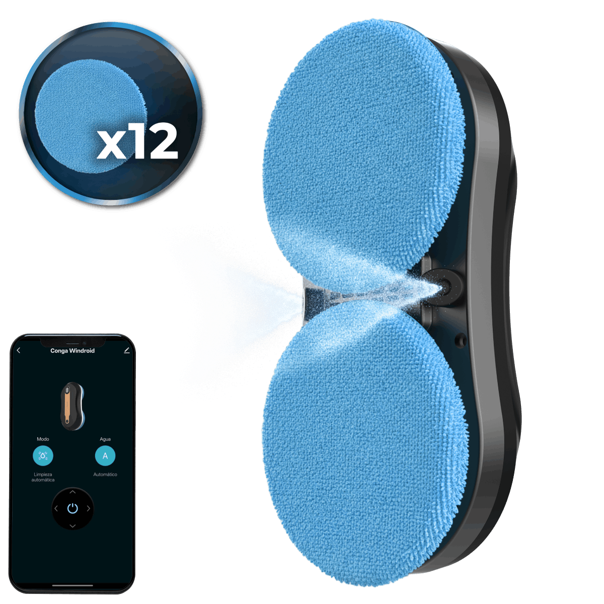 Robot limpiacristales con dos almohadillas azules rociando agua, controlado por app.