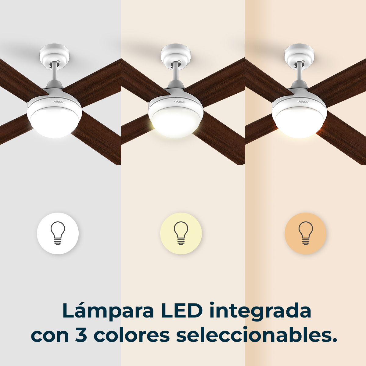 Ventilador de techo con luz LED integrada mostrando 3 temperaturas de color: blanco frío, cálido y ámbar.