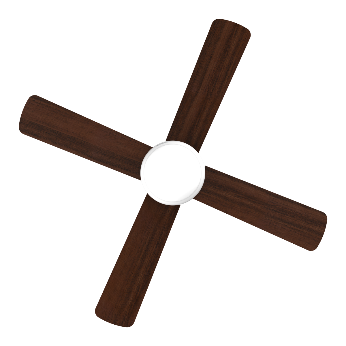 Un ventilador de techo con tres aspas de madera oscura y centro blanco.