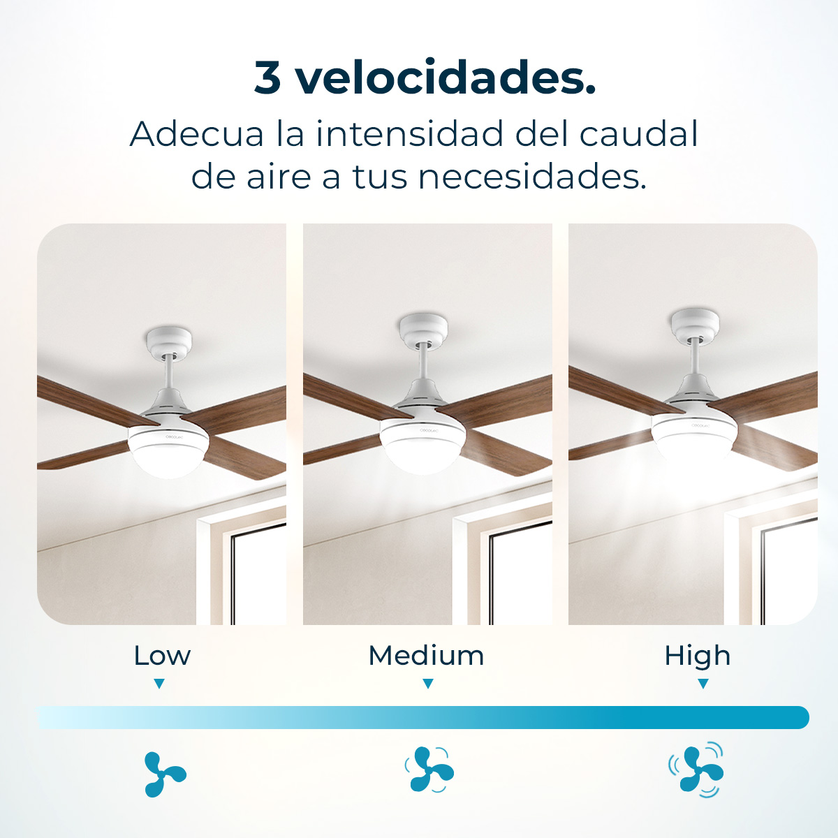 Tres ventiladores de techo con aspas de madera en configuraciones baja, media y alta.