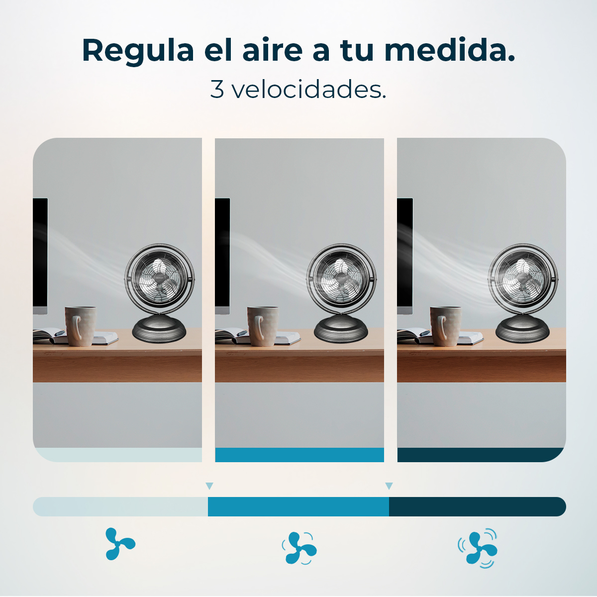 Un ventilador de escritorio sobre una mesa con una taza y un libro, mostrando tres ajustes de velocidad.