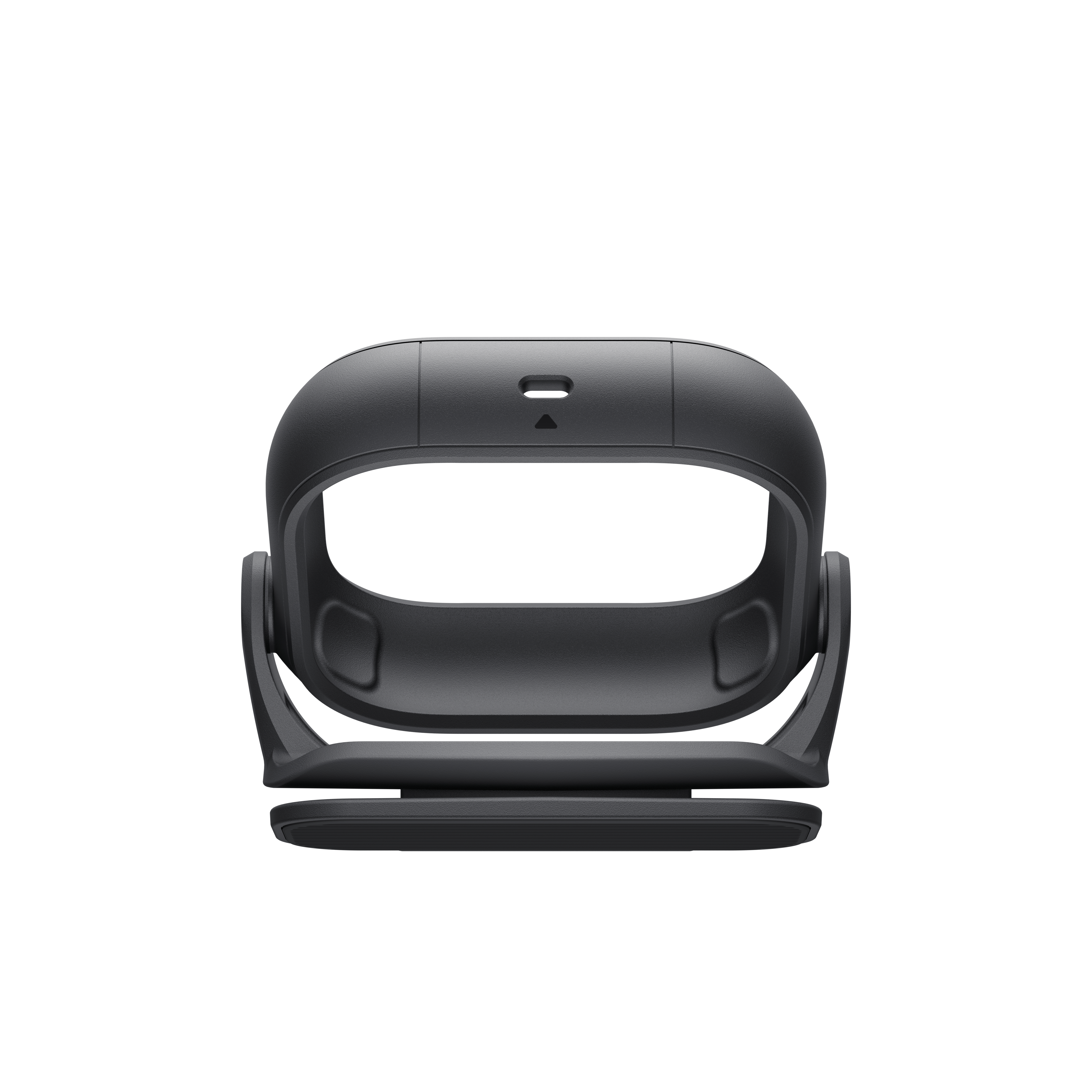 Ein schwarzer VR-Headset-Ständer mit schwenkbaren Armen und einer Ladebasis.
