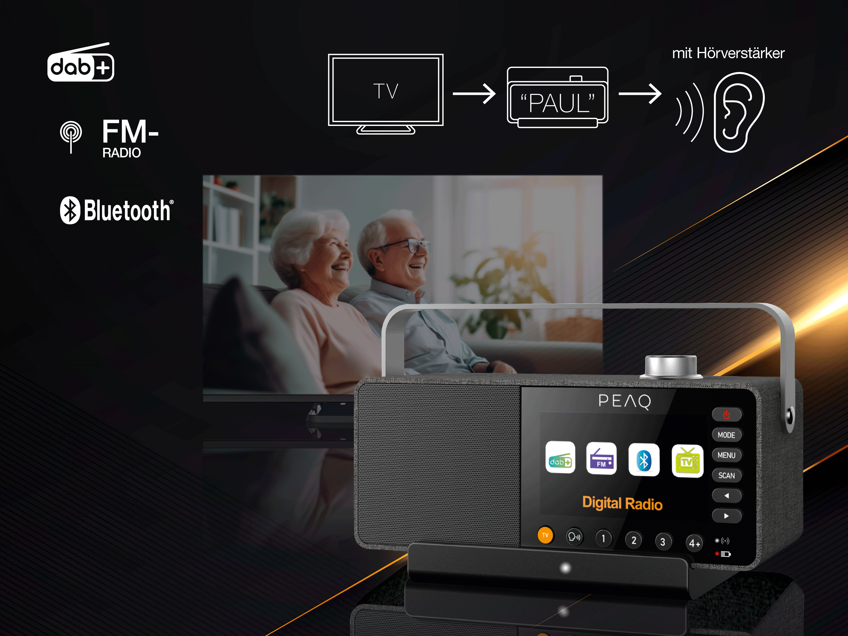 Ein PEAQ Digitalradio mit DAB+, FM, Bluetooth und Hörverstärker für ältere Menschen.