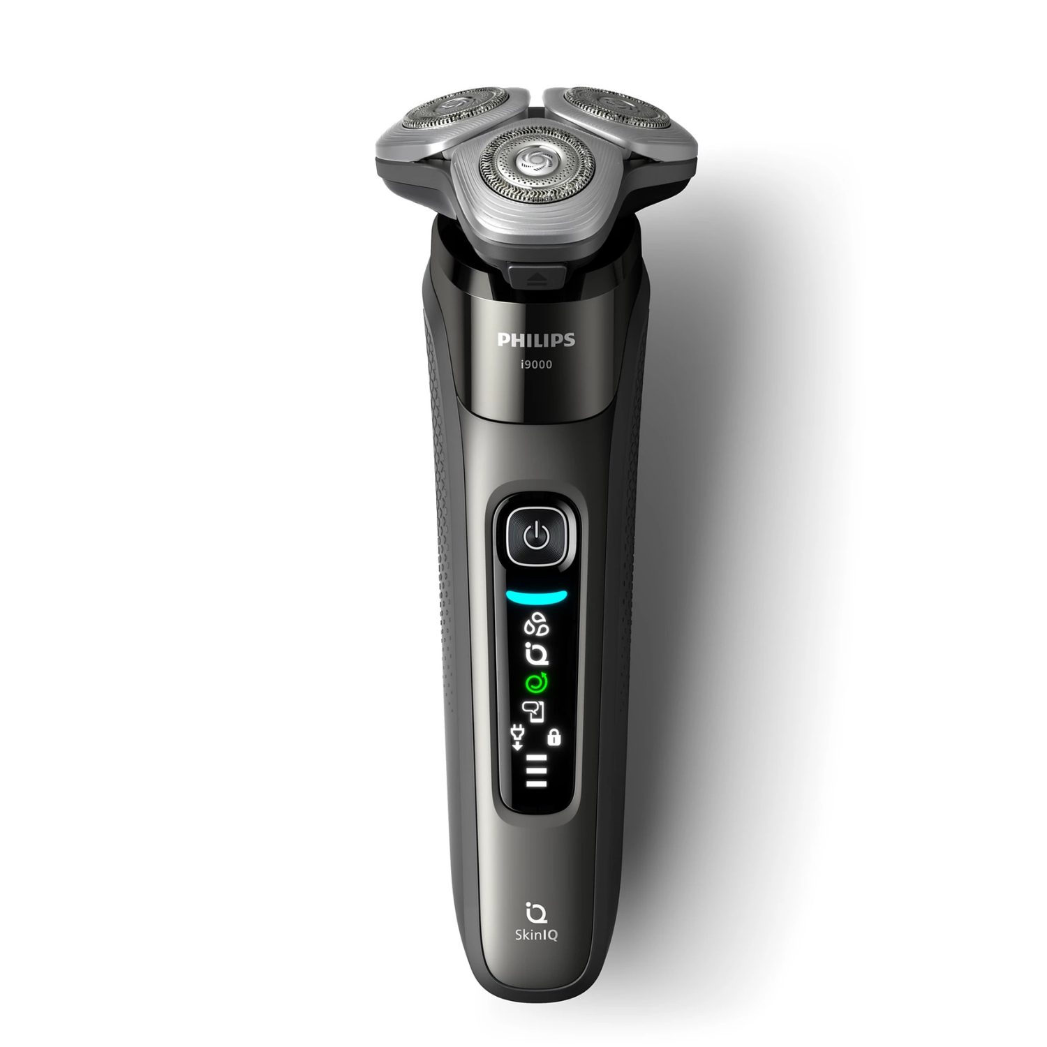 Una afeitadora Philips negra con tres cabezales giratorios y pantalla LED.