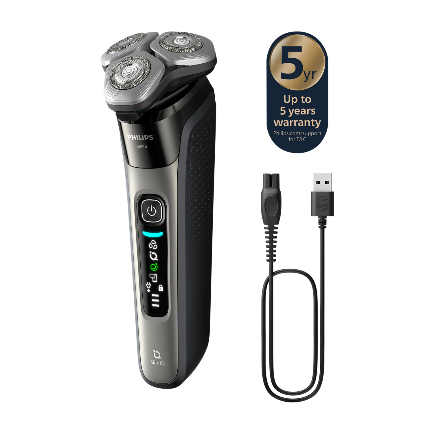 Philips afeitadora con 3 cabezales, cable de carga/USB y sello de 5 años garantía.