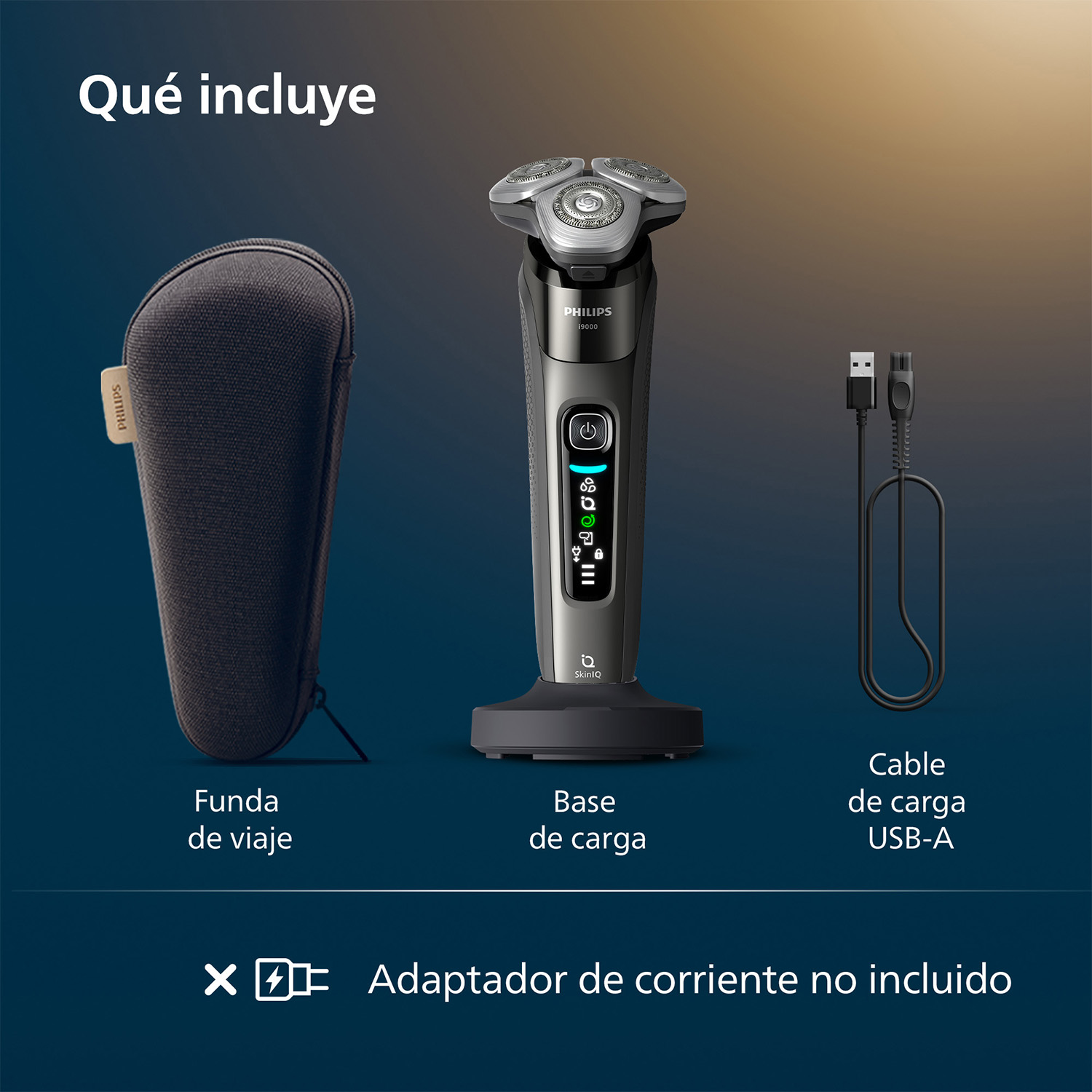 Contenido de la afeitadora Philips i9000: funda de viaje, base de carga y cable USB-A, con aviso de adaptador de corriente no incluido