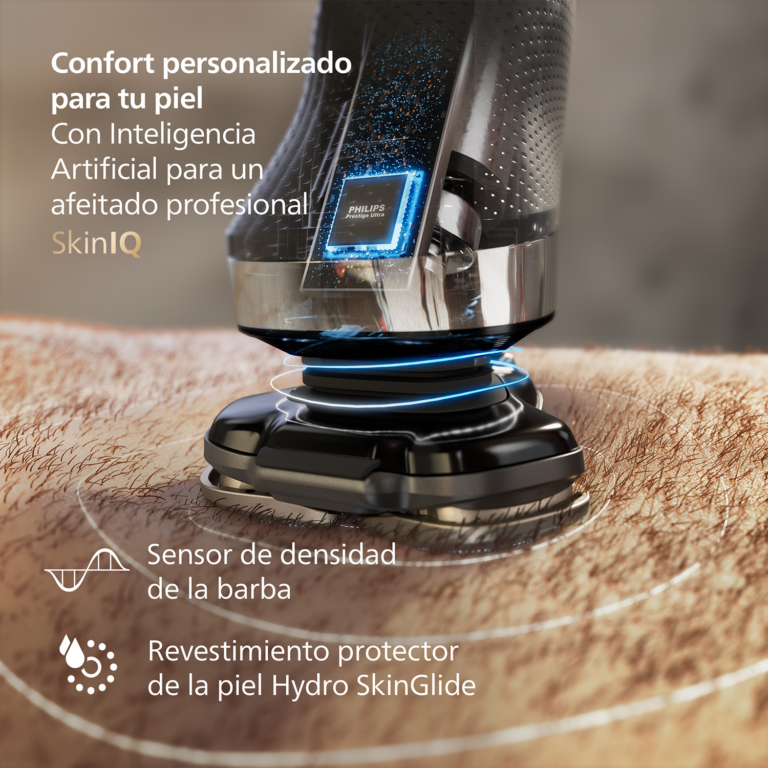 Cabezal Philips i9000 SkinIQ sobre la piel. Texto: confort personalizado, IA para afeitado profesional, sensor de densidad y Hydro SkinGlide.