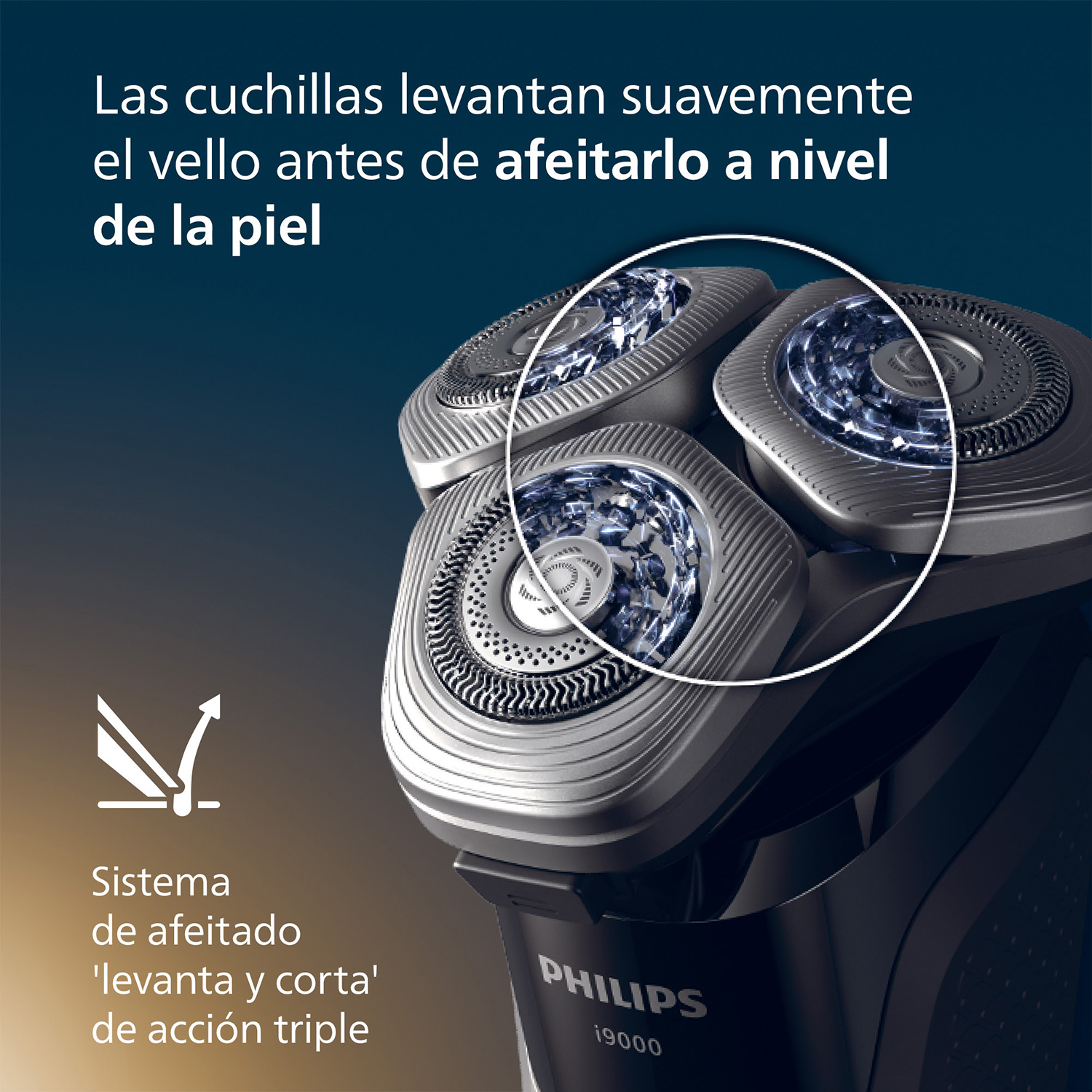 Detalle de los tres cabezales Philips i9000. Texto: cuchillas levantan el vello y lo afeitan a nivel de la piel, sistema levanta y corta.