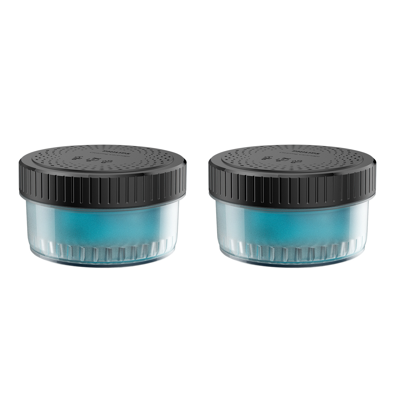 Dos cartuchos de limpieza Philips azules uno al lado del otro.