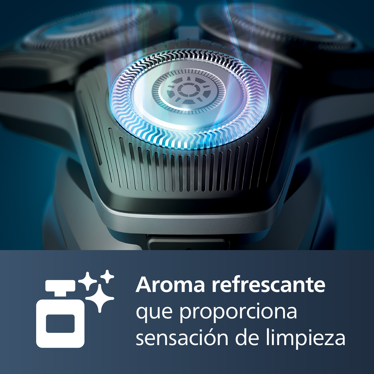 Cabezal de afeitadora con vapor azul. Texto: Aroma refrescante que proporciona sensación de limpieza.