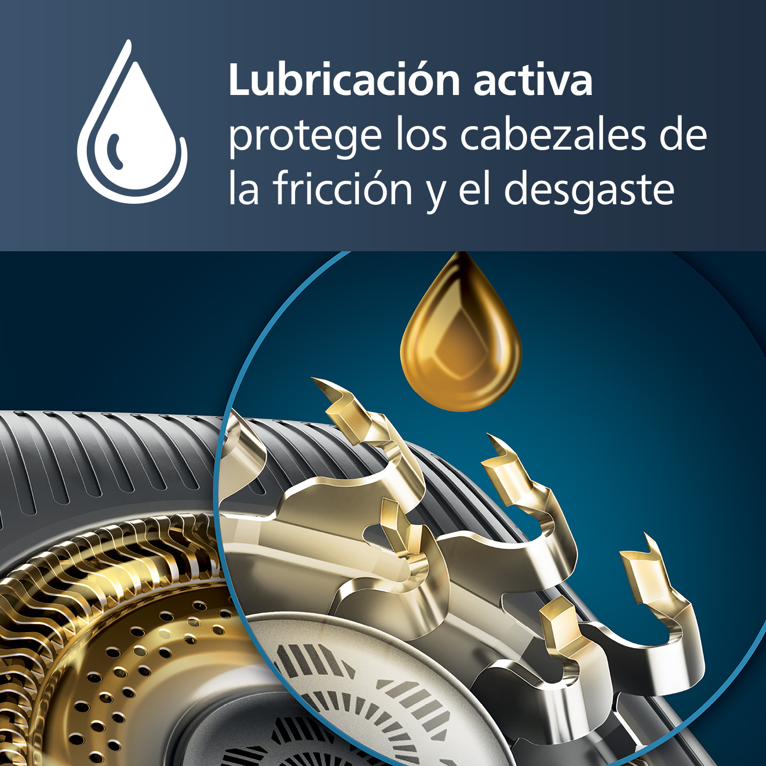 Detalle de cuchillas de afeitadora con gota dorada. Texto: Lubricación activa protege los cabezales de la fricción y el desgaste.