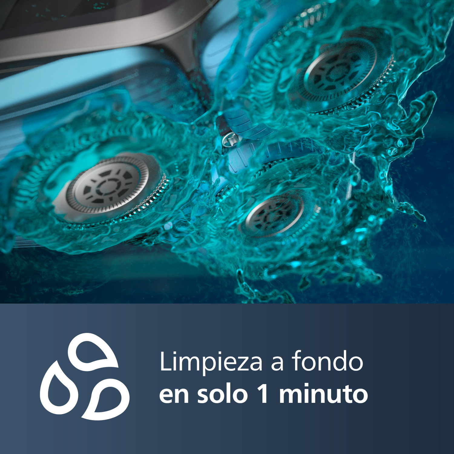 UnaCabezales de afeitadora bajo agua azul. Texto: Limpieza a fondo en solo 1 minuto.