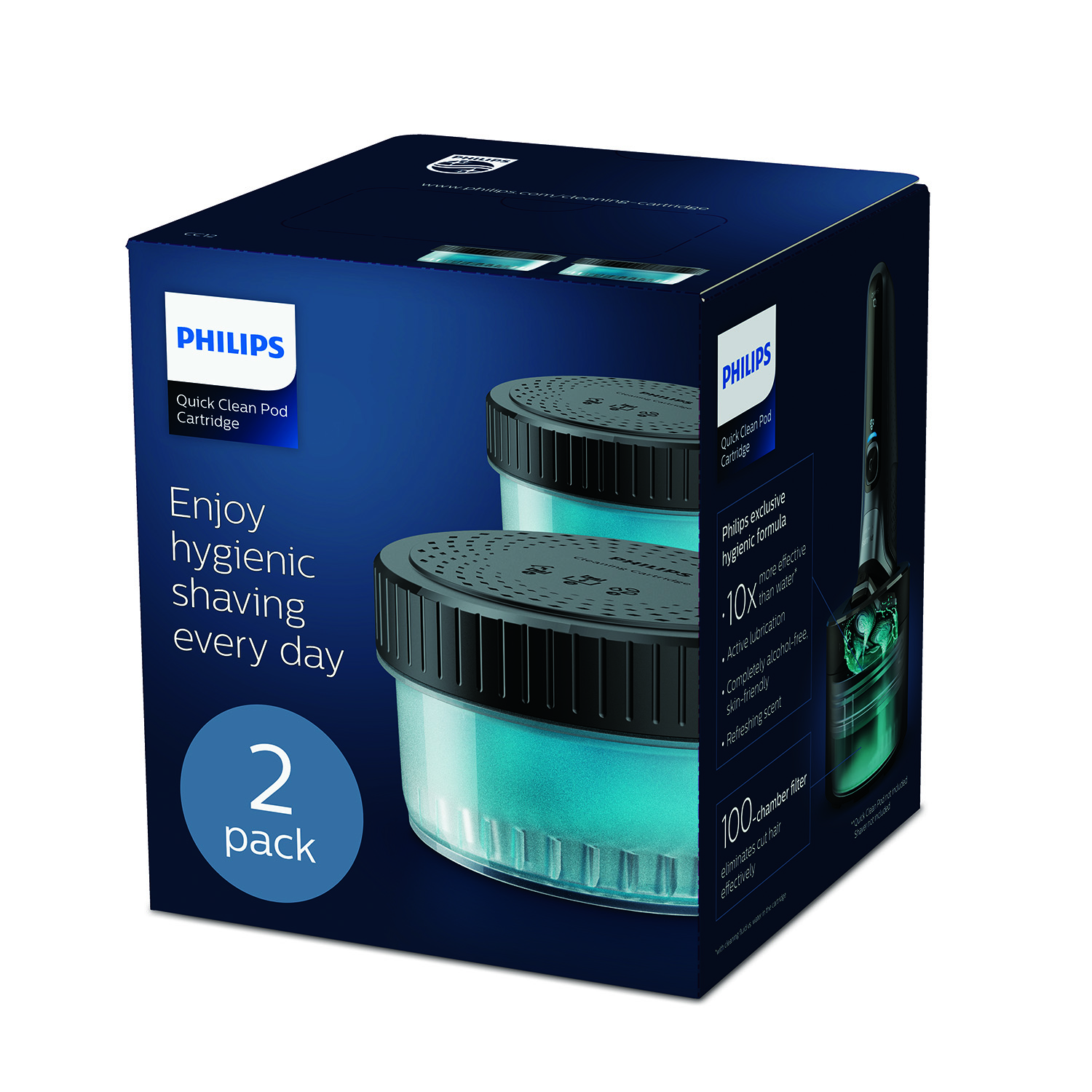 Caja Philips Quick Clean Pod Cartridge. Texto en caja: Disfruta de un afeitado higienico todos los días, 2 pack.