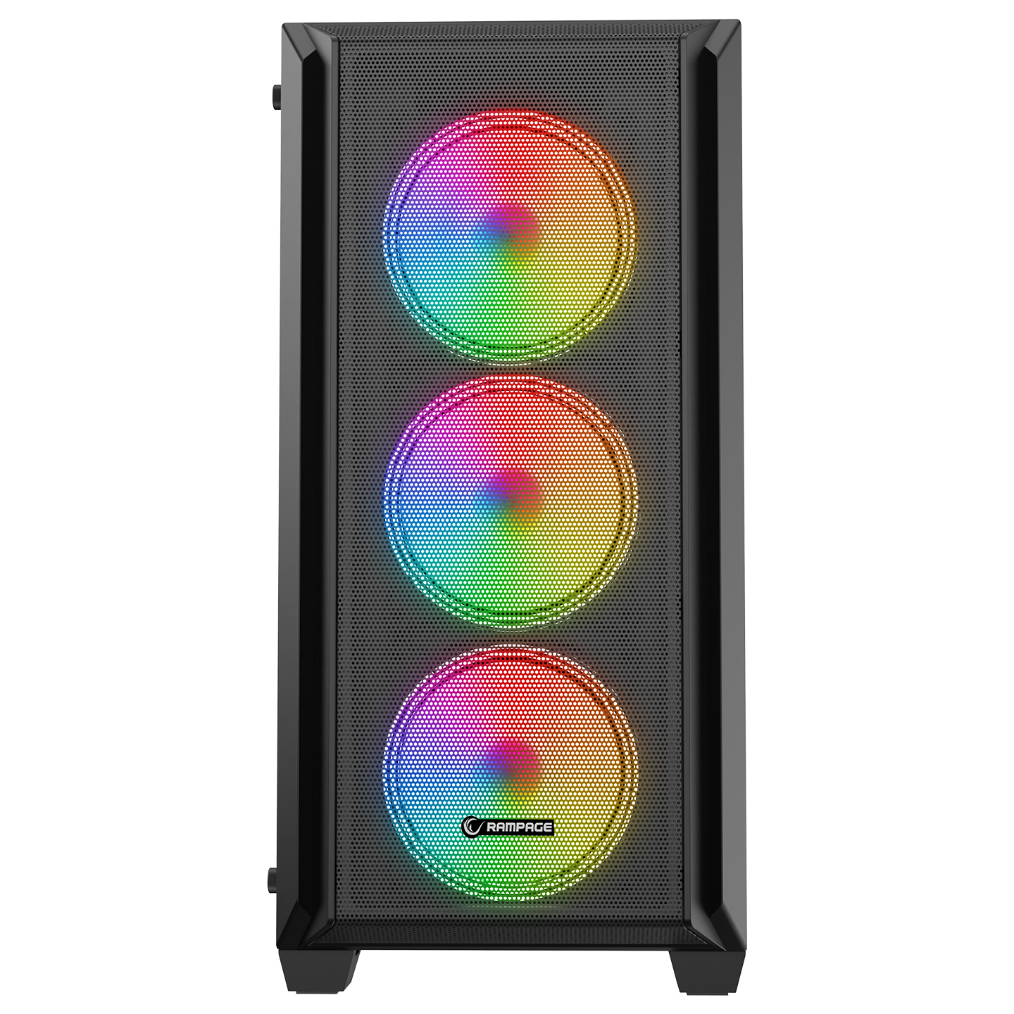 Üç RGB fanlı ve havalandırmalı ön panele sahip siyah PC kasası.