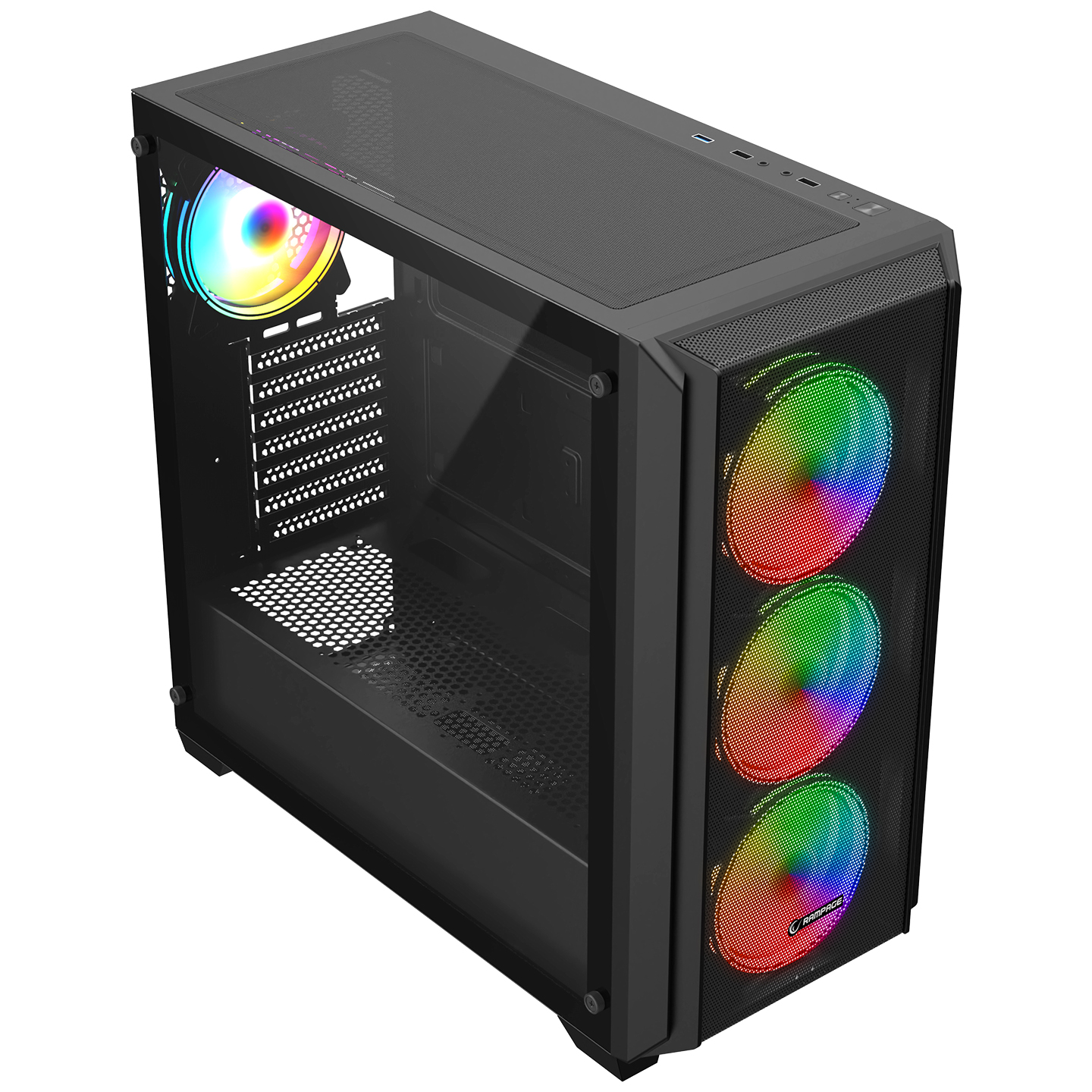 Cam yan panel ve RGB fanlara sahip siyah bilgisayar kasası.