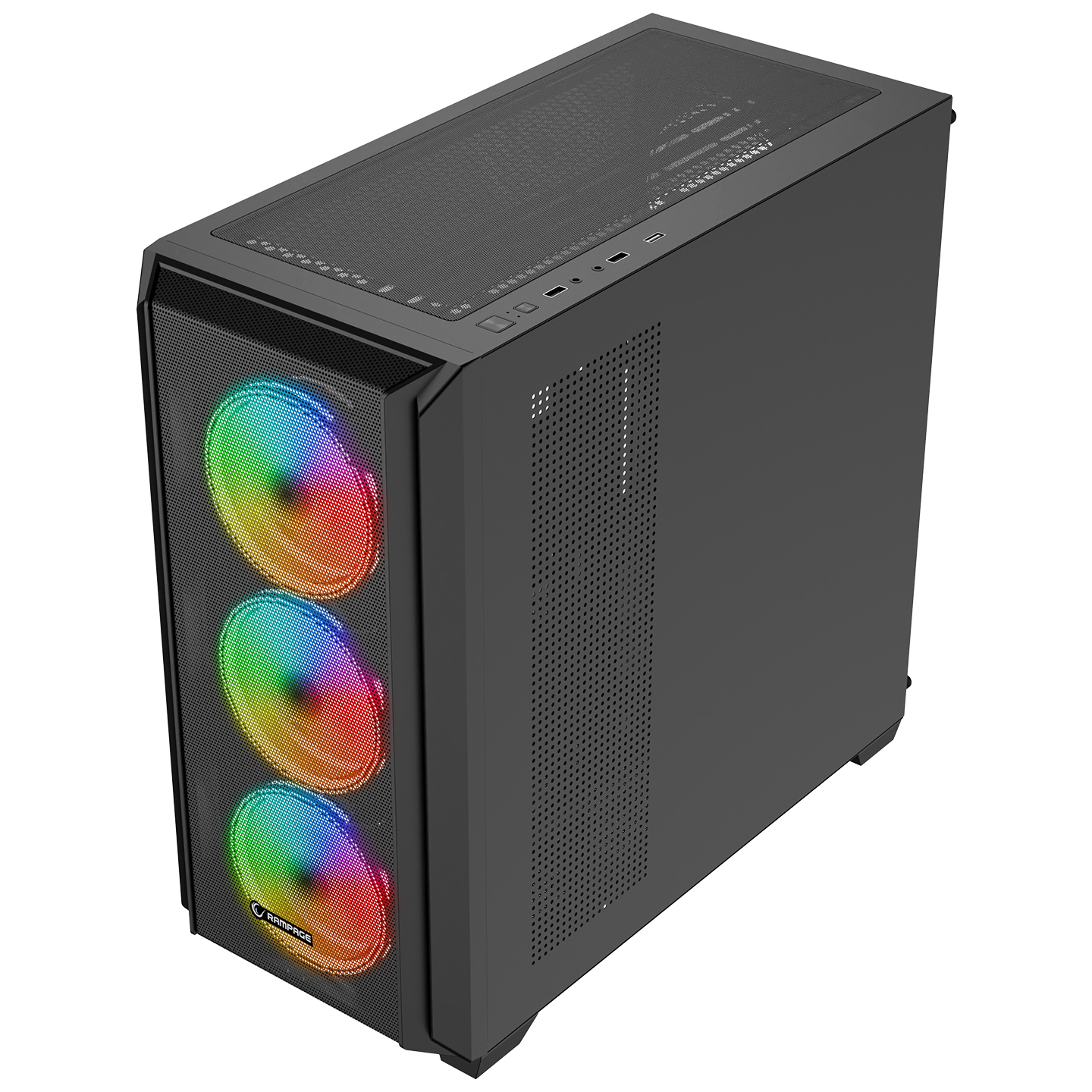 Önde üç RGB fanlı, üstü delikli siyah PC kasası.