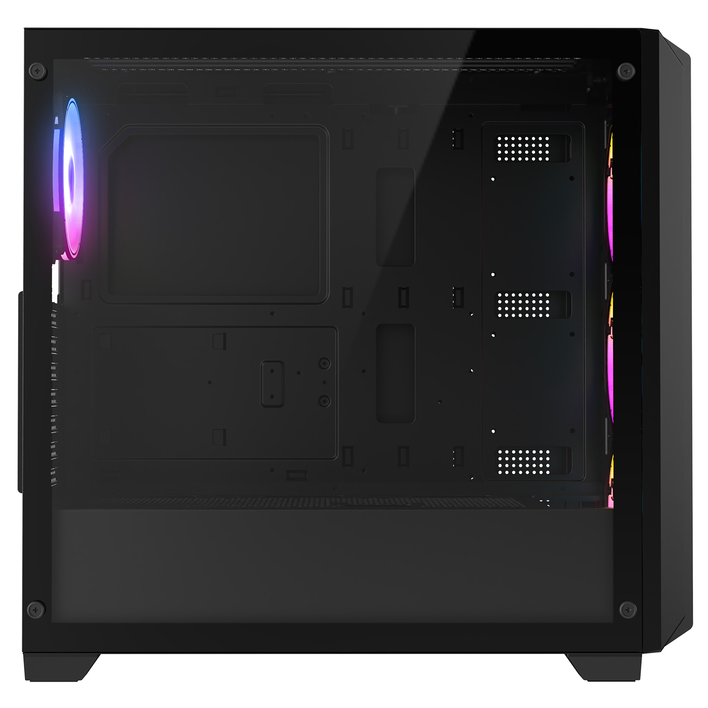 Cam ön ve RGB fanlı siyah PC kasası.