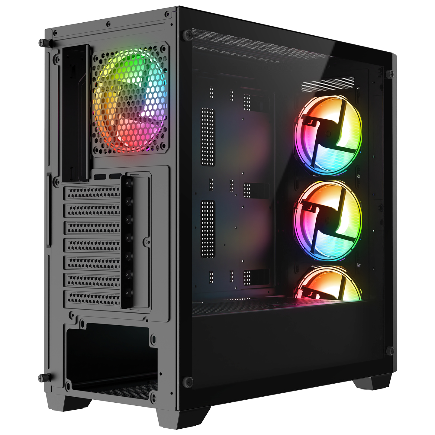Cam yan panel ve aydınlatmalı RGB fanlara sahip siyah bilgisayar kasası.
