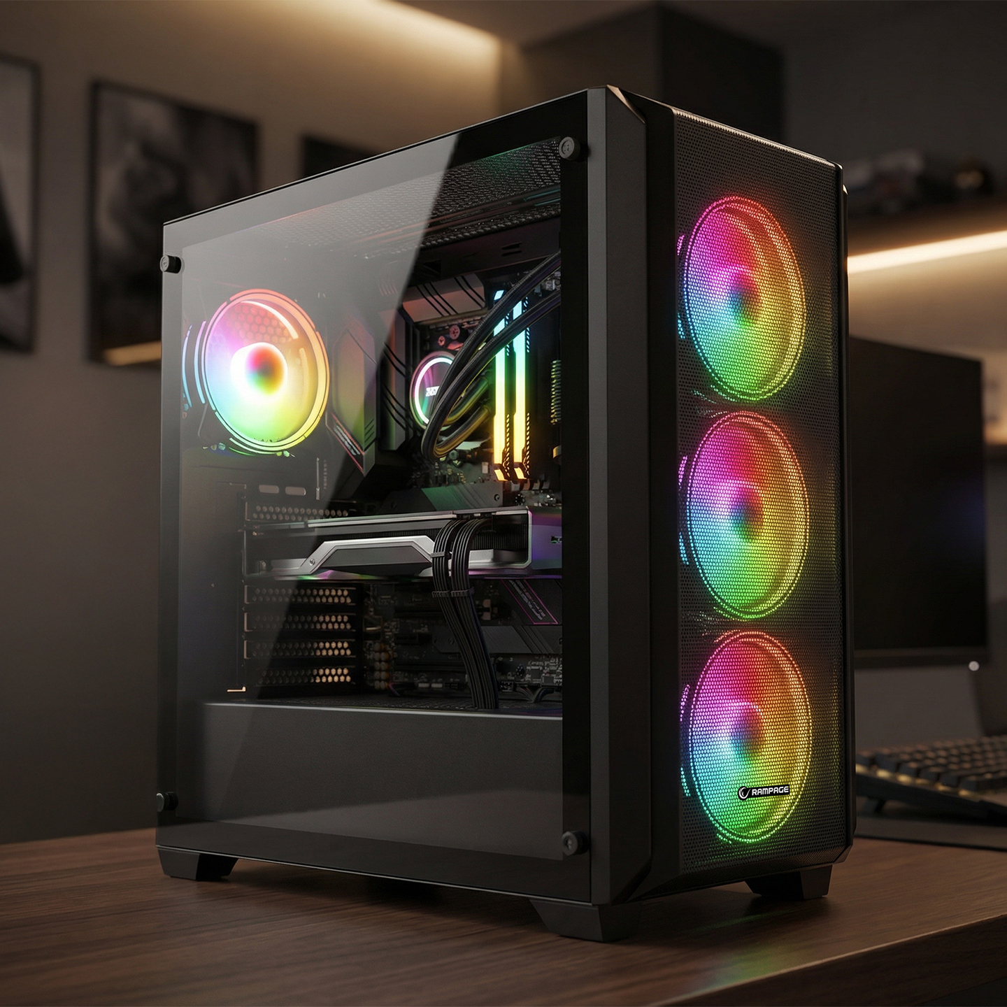 Ahşap masa üzerinde cam pencereli ve RGB fanlı siyah bir bilgisayar kasası.
