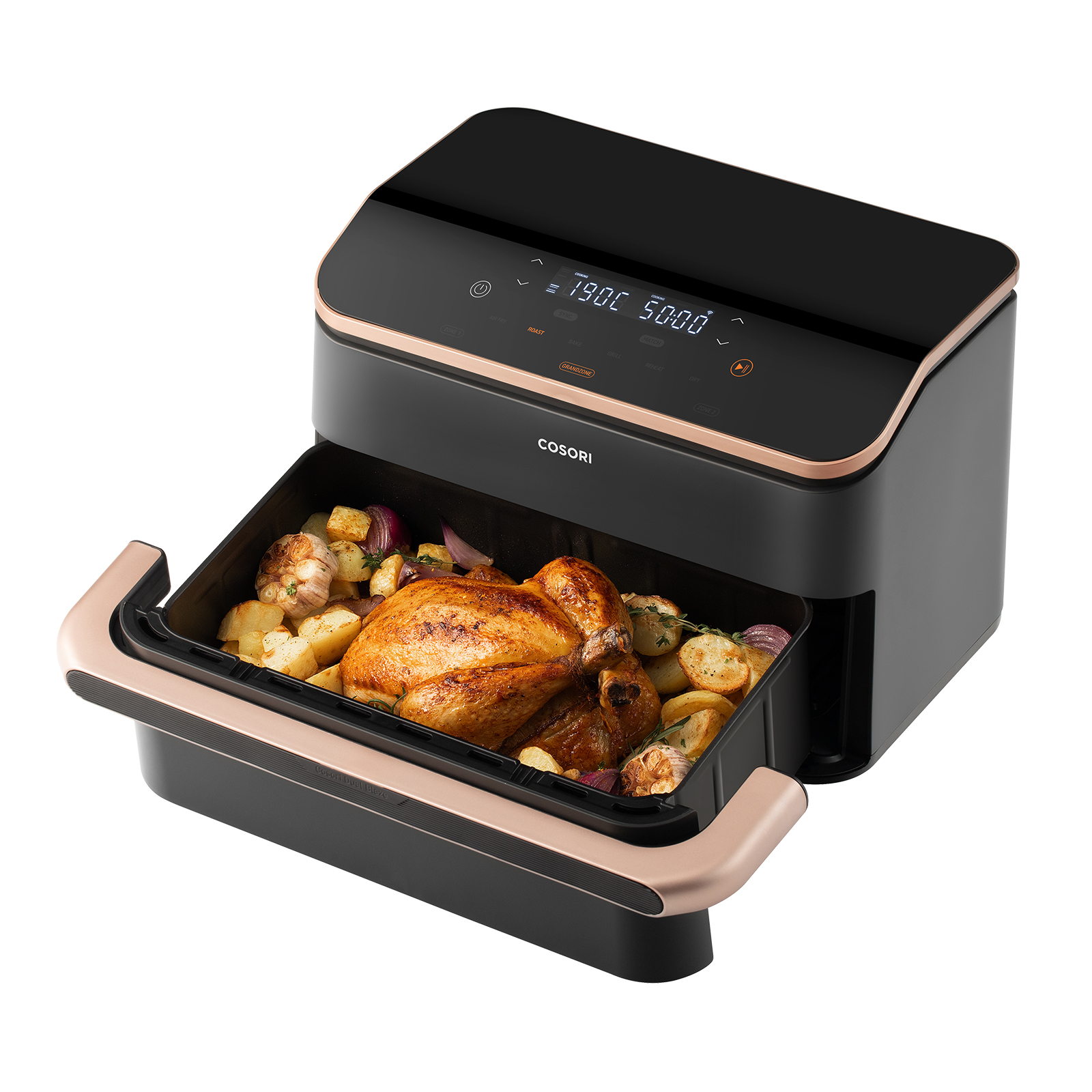 Ein Brathähnchen mit Kartoffeln und Zwiebeln in einem schwarzen Airfryer mit digitaler Anzeige.