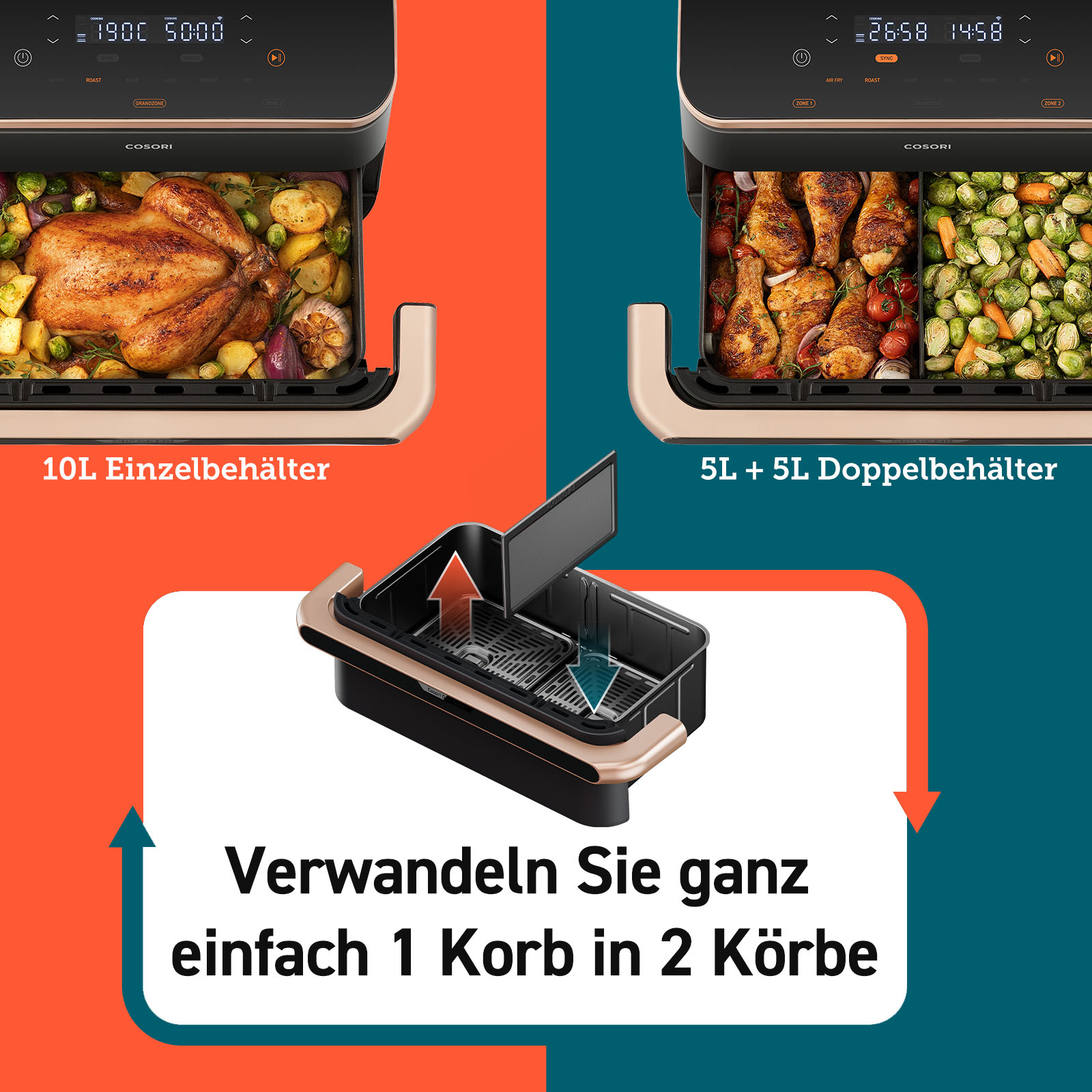 Doppel-Heißluftfritteuse: Links ganzer Braten, rechts Hähnchen und Gemüse.