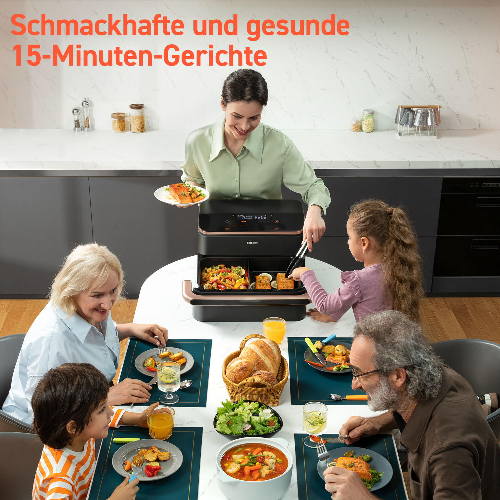 Familie isst aus einem schnellen Kochgerät mit Fisch und Gemüse.