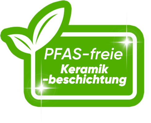 Grünes Siegel für PFAS-freie Keramikbeschichtung mit weißem Blattmotiv.