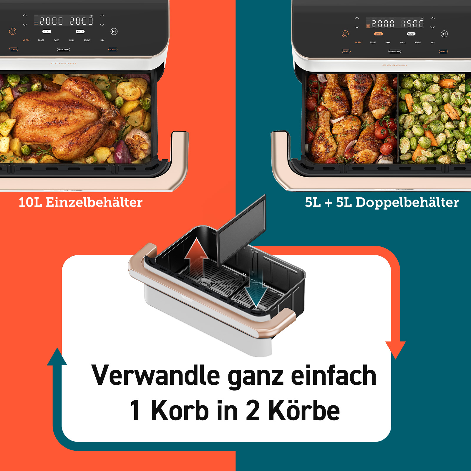 Ein Kocher mit 10L Behälter und ein 5L+5L Behälter mit Speisen.