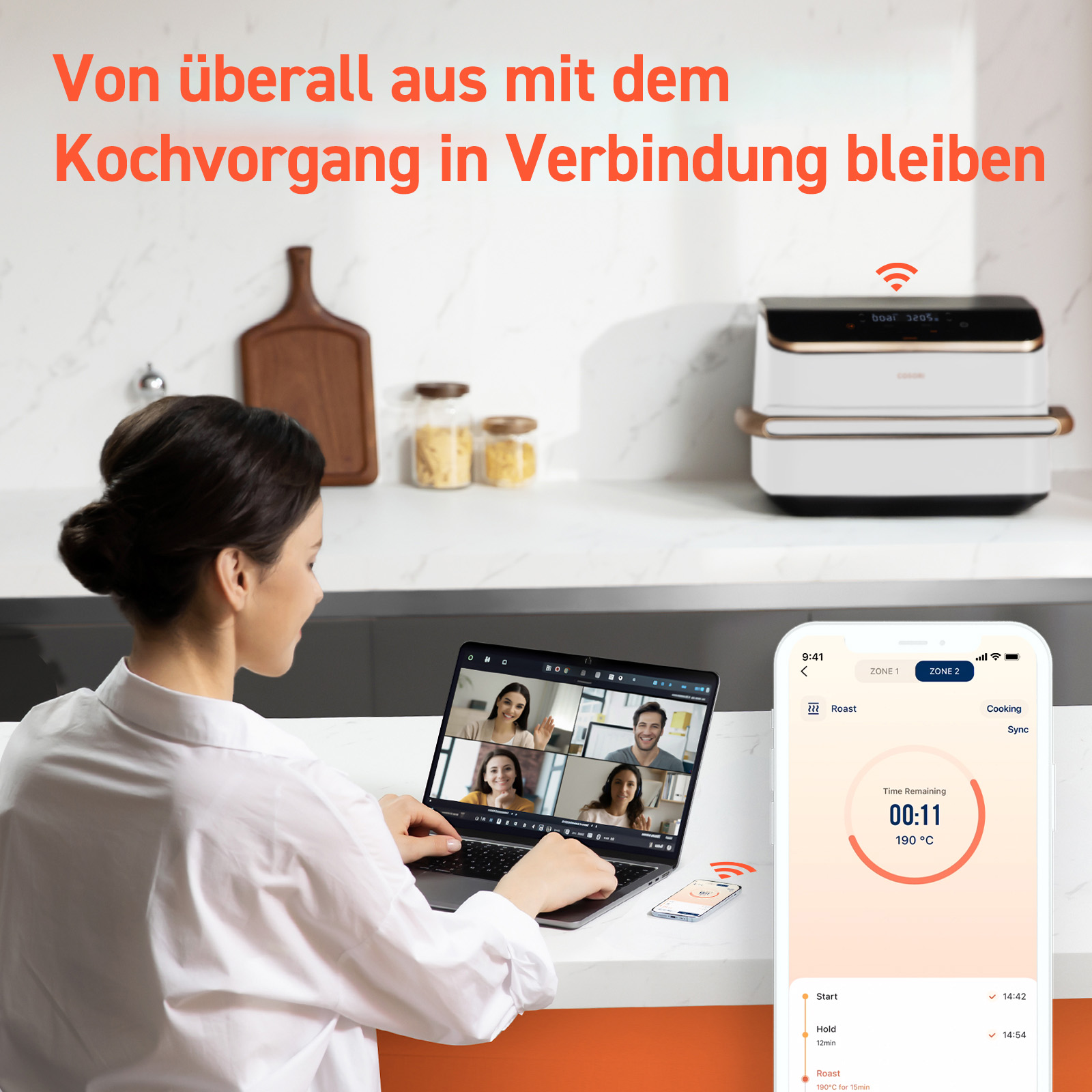 Frau am Laptop mit Videokonferenz, daneben ein Smartphone und ein Kochgerät.