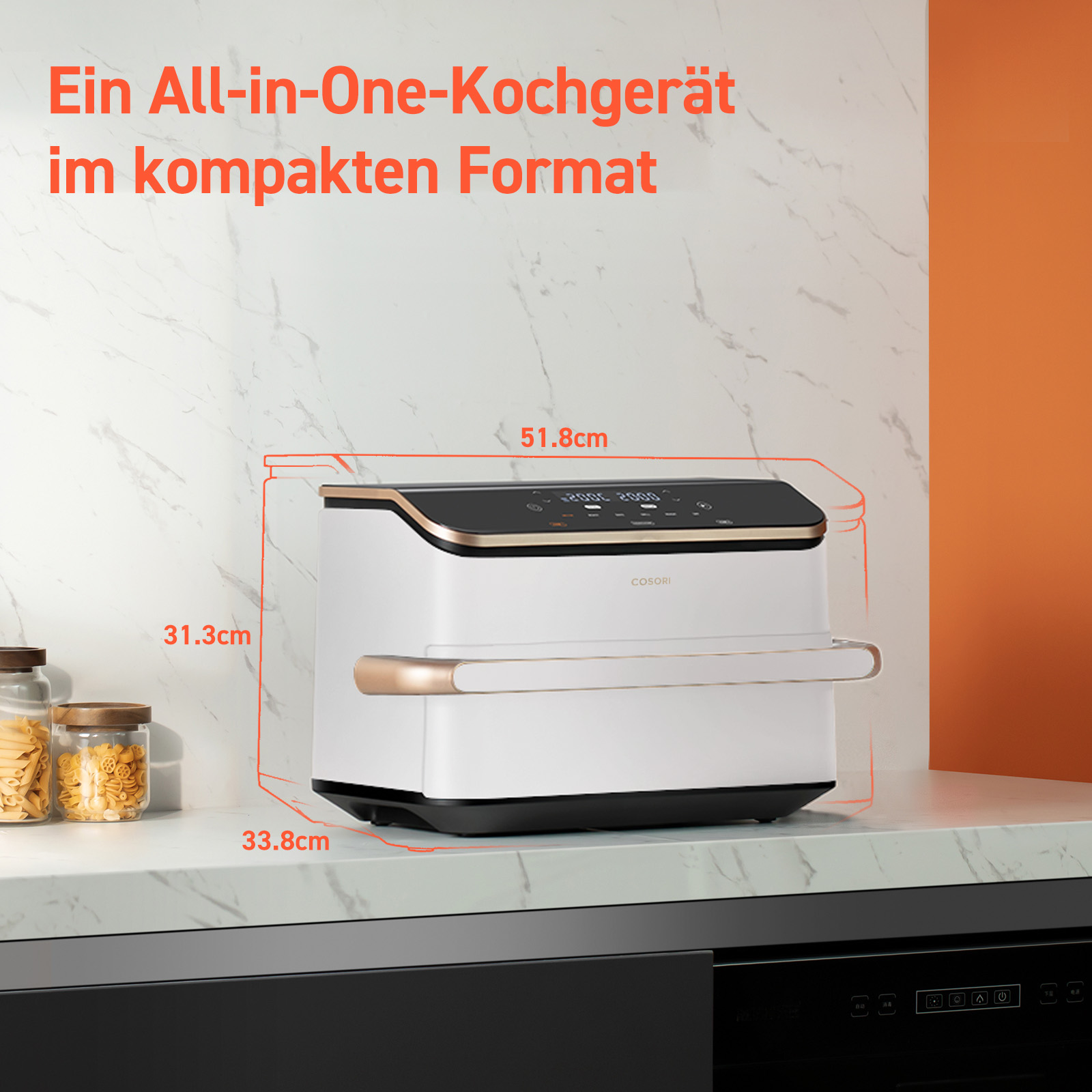 Ein weißer All-in-One-Kocher mit digitalen Bedienelementen auf einer Marmorarbeitsplatte.