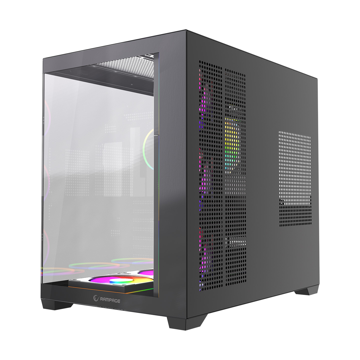 RGB fanları gösteren cam yan panele sahip siyah PC kasası. Beyaz arka plan.