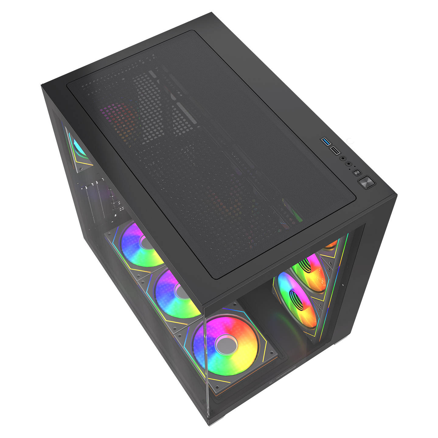 Cam yan panelden görünen RGB fanlı siyah bilgisayar kasası.