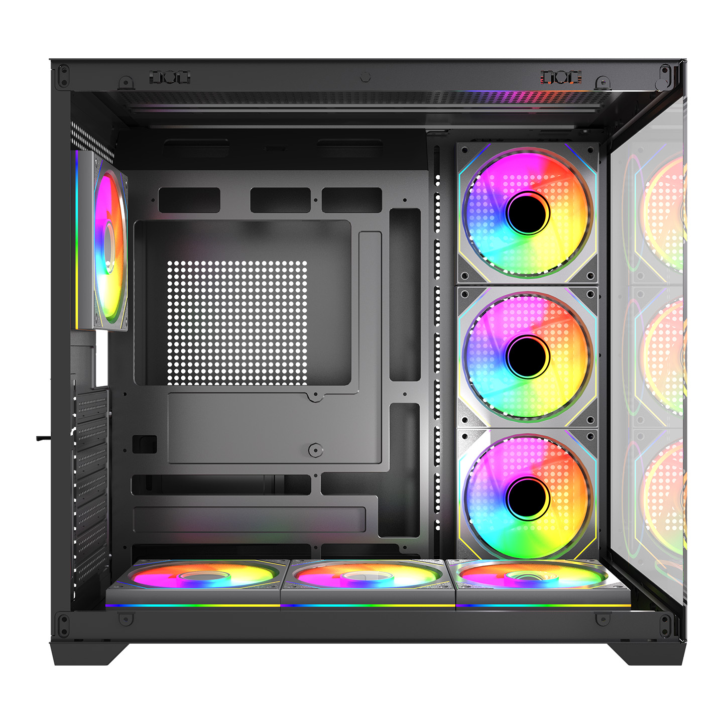 Önde ve yanda renkli RGB fanlara sahip açık bir bilgisayar kasası.
