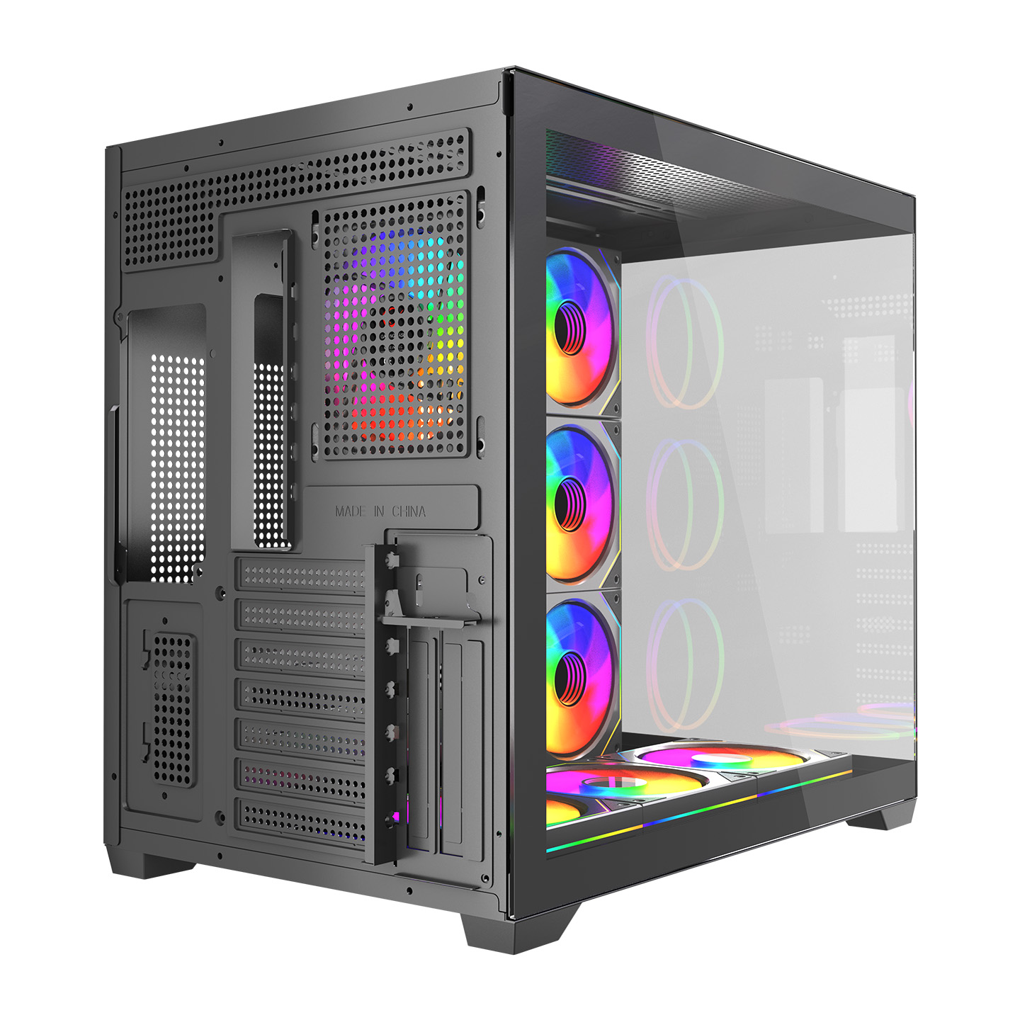 Cam ön ve RGB fanlı siyah bir PC kasası.