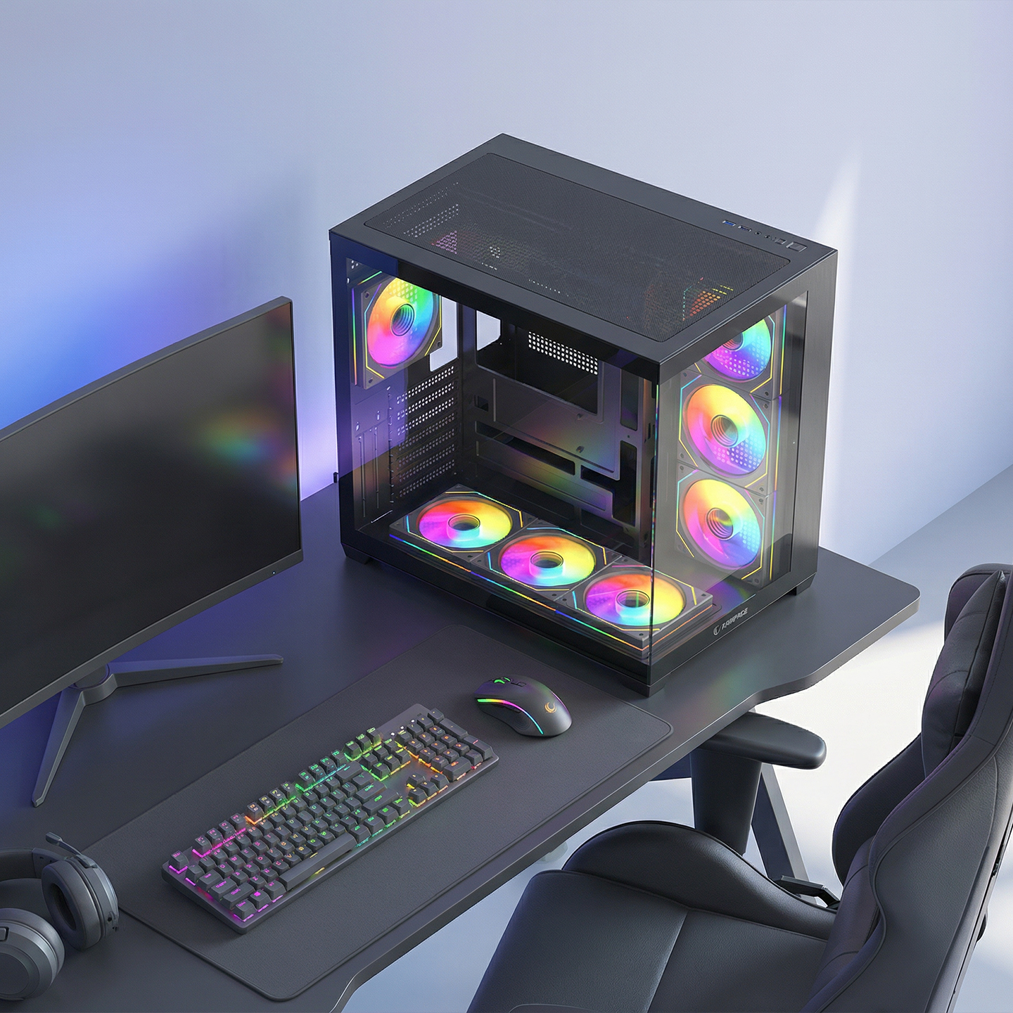 RGB fanlı siyah oyuncu bilgisayarı, klavye, fare, kulaklık ve monitör.