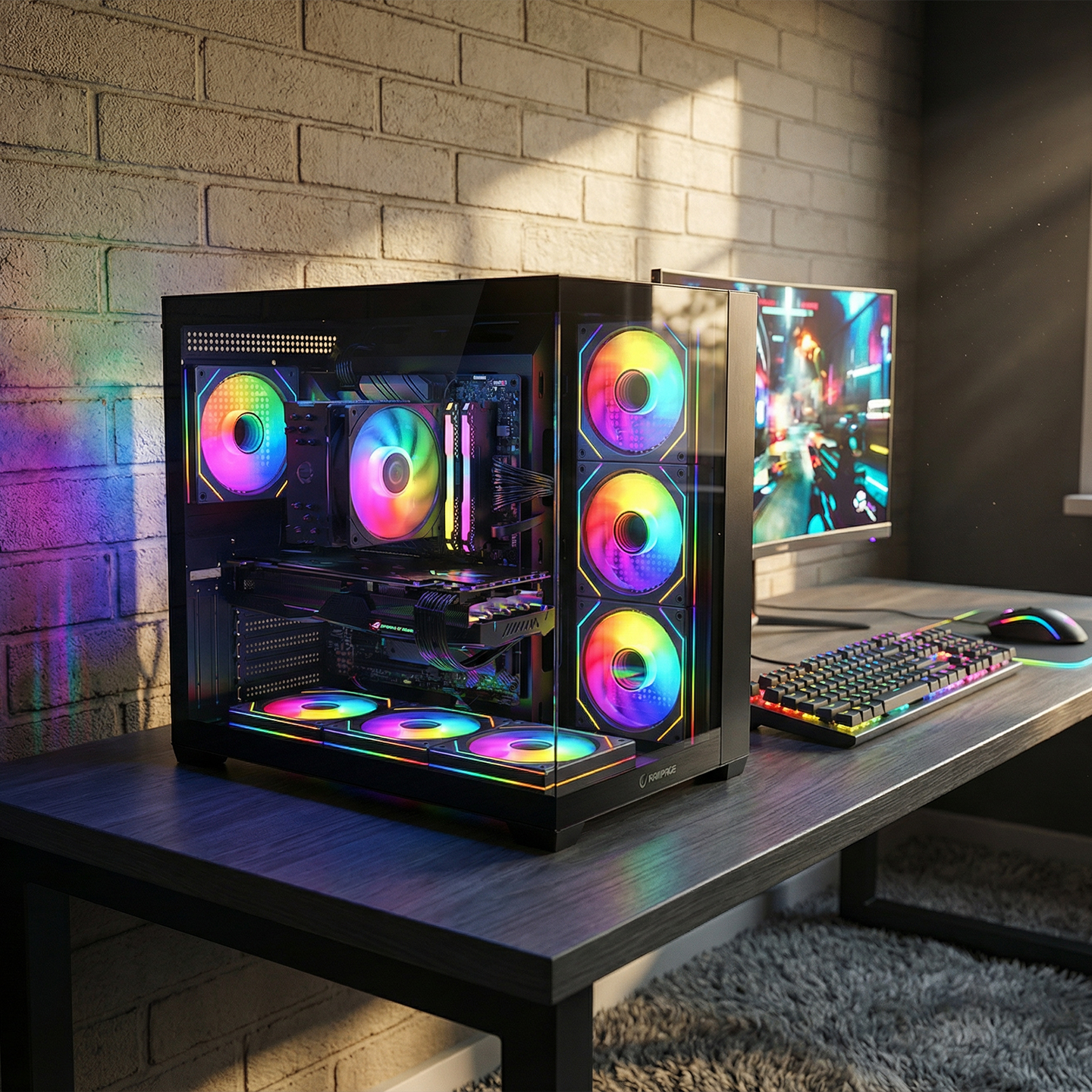 RGB fanlı ve ekran kartlı bir oyuncu bilgisayarı masanın üzerinde.