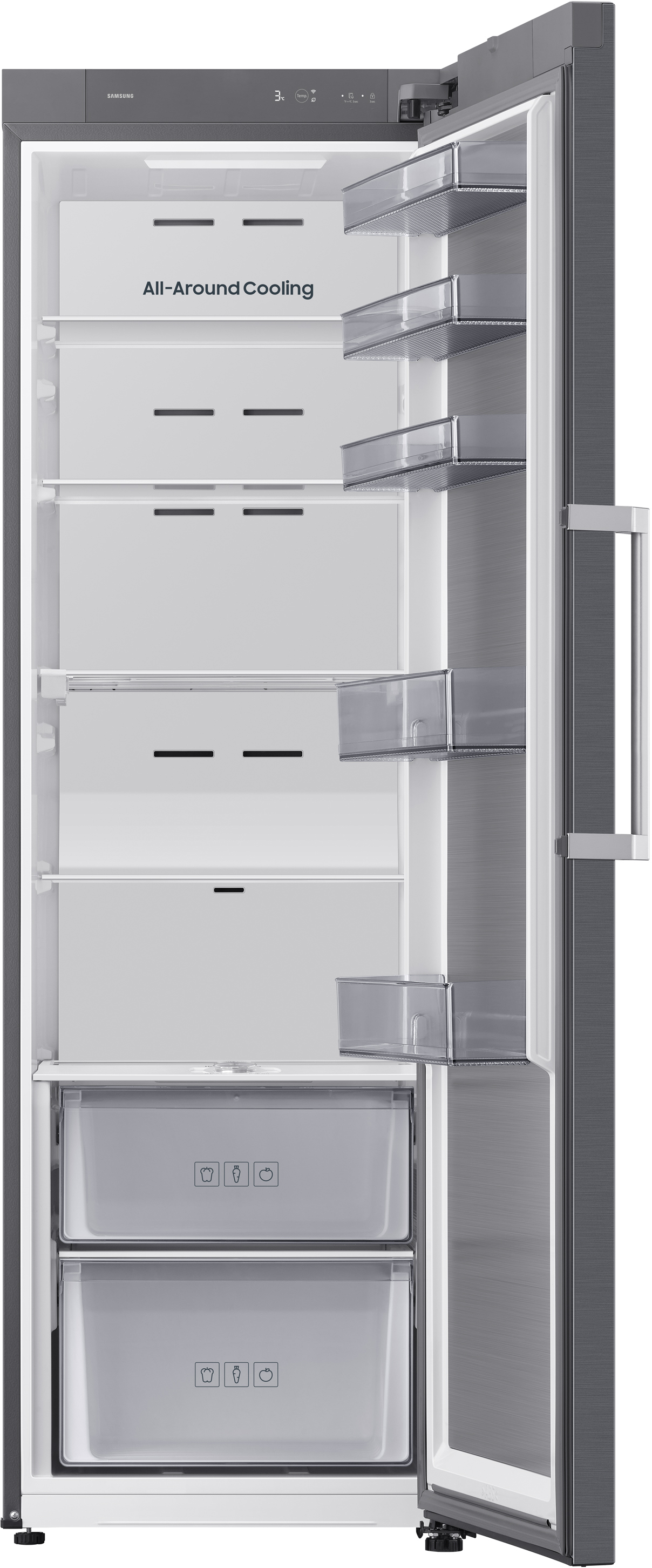 Ein offener Kühlschrank mit mehreren Fächern und zwei Schubladen unten.