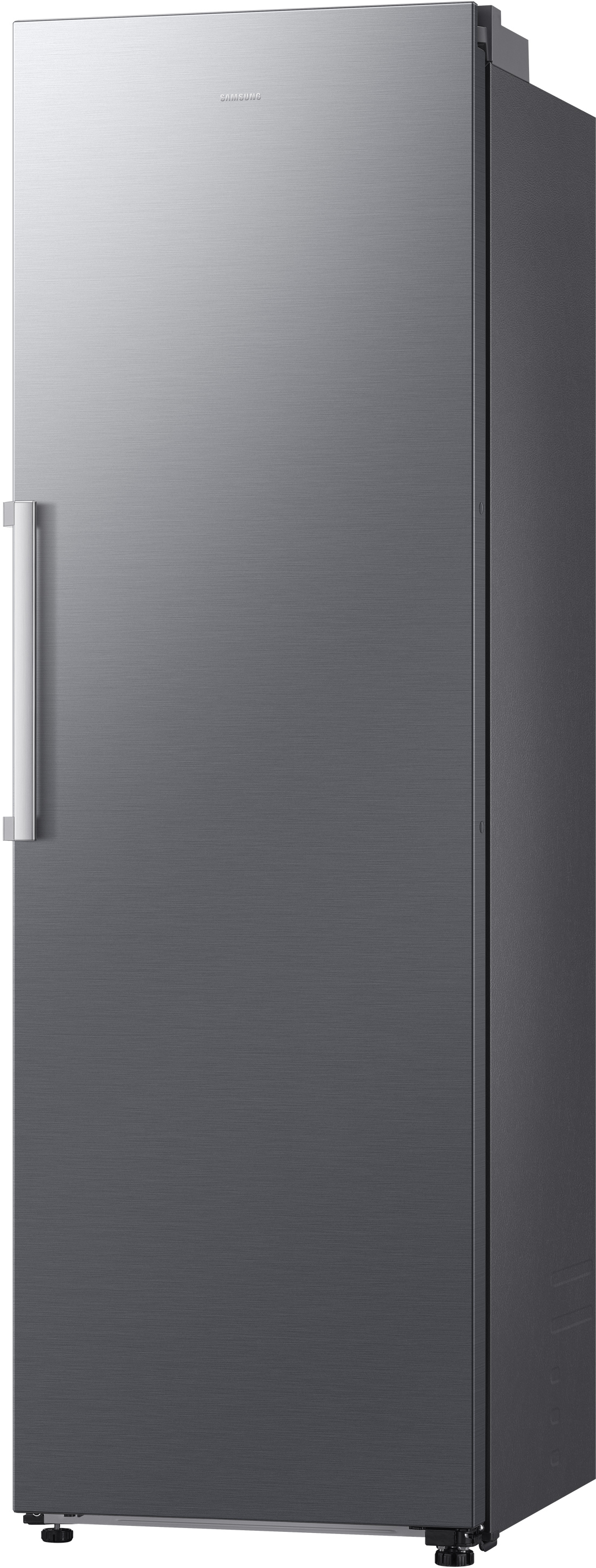 Ein silberner Samsung Kühlschrank mit einem Griff.