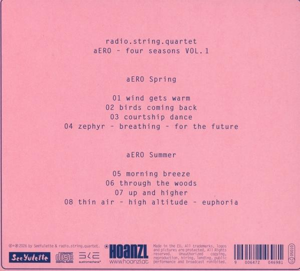 Rosa CD-Hülle mit Trackliste für 'aERO - four seasons VOL.1' von radio.string.quartet.