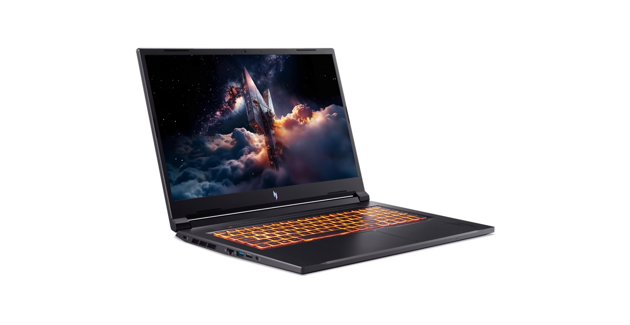 Ein schwarzer Laptop mit beleuchteter Tastatur und einem Weltraum-Hintergrundbild.