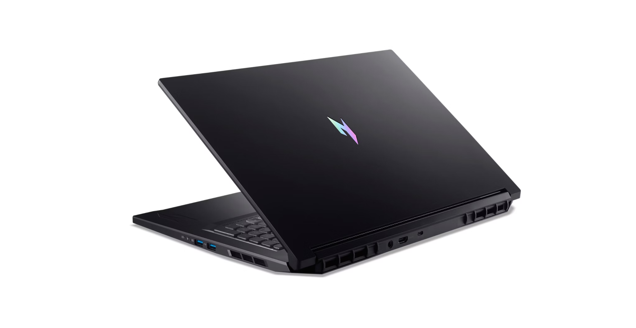 Schwarzer Laptop mit beleuchtetem Logo auf dem Deckel, weier Hintergrund.