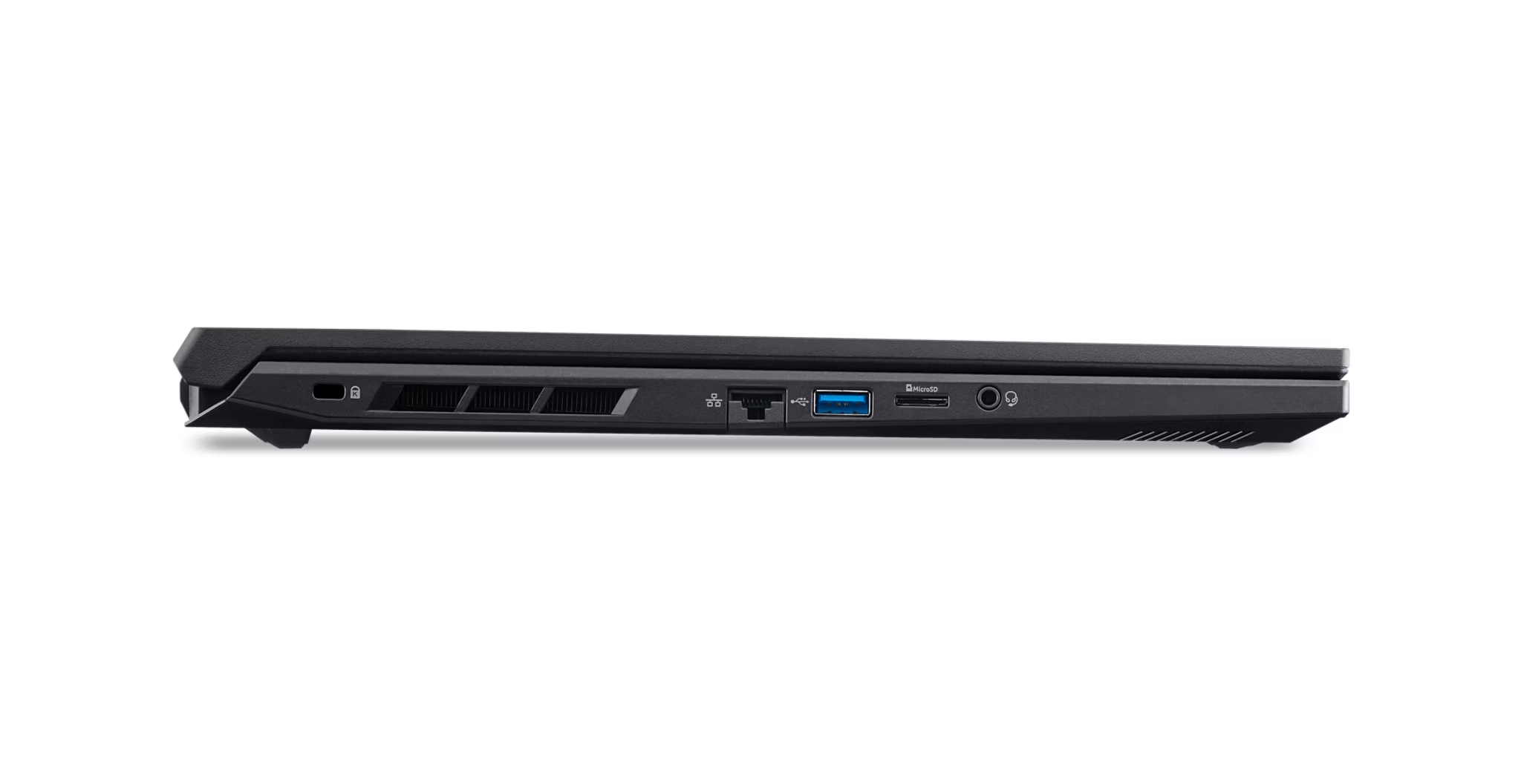 Schwarzer Laptop-Seite mit Anschlüssen: USB, SD-Kartenleser, Audio.