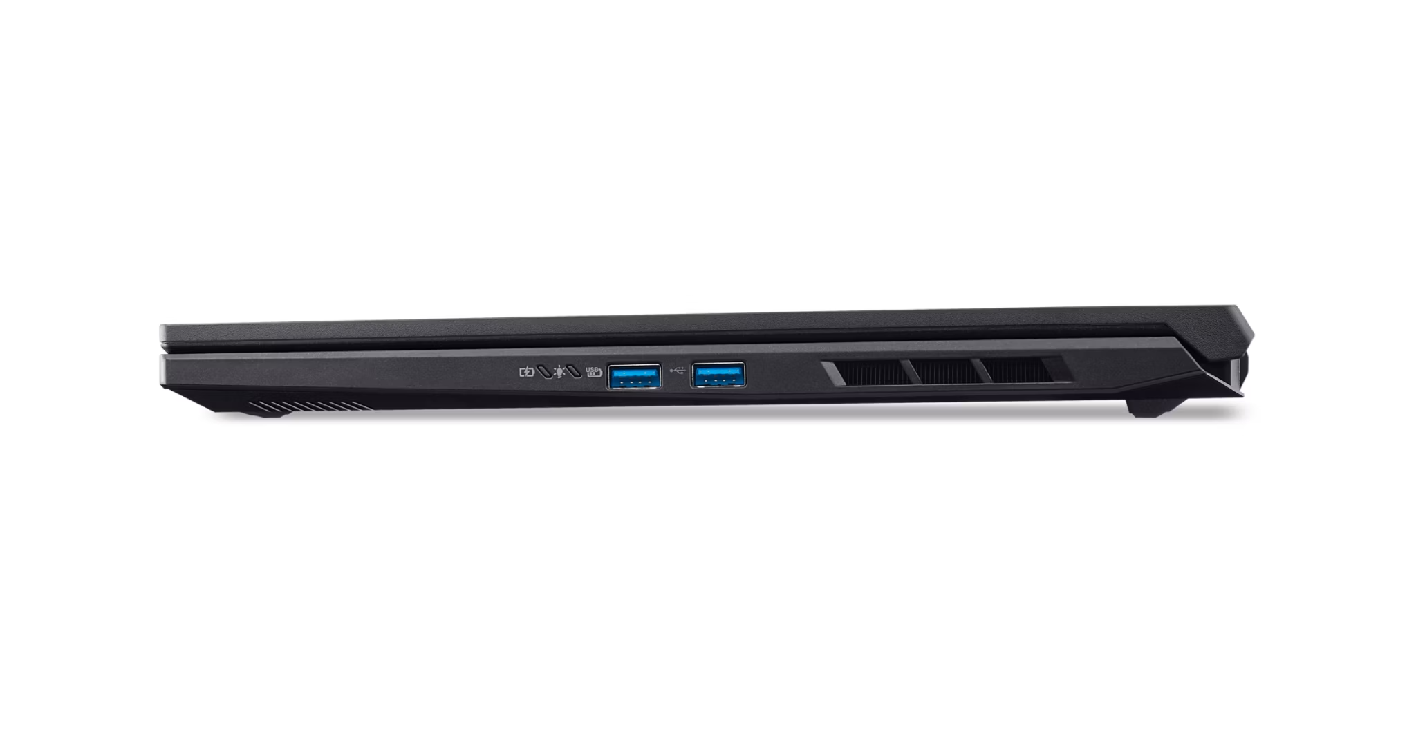 Schwarzer Laptop-Seite mit USB-Anschlüssen und Lüftungsschlitzen.
