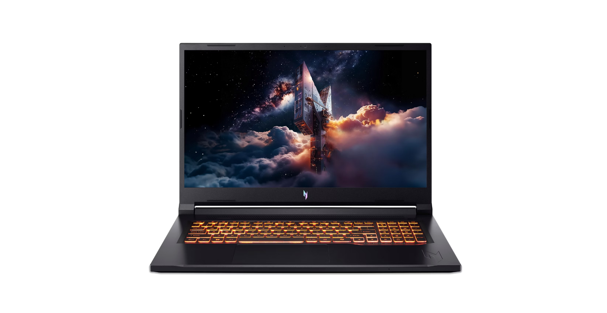Schwarzer Laptop mit beleuchteter Tastatur und Weltraumhintergrund auf dem Bildschirm.