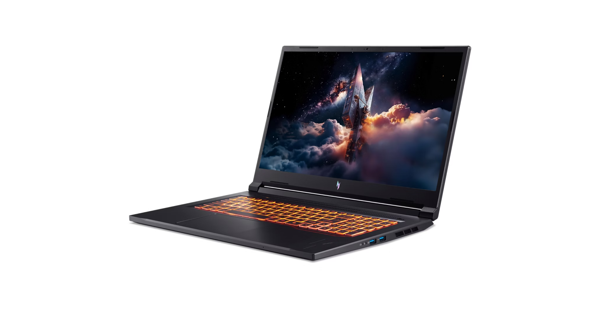 Ein schwarzer Laptop mit leuchtend orangefarbener Tastatur und Weltraumhintergrund.