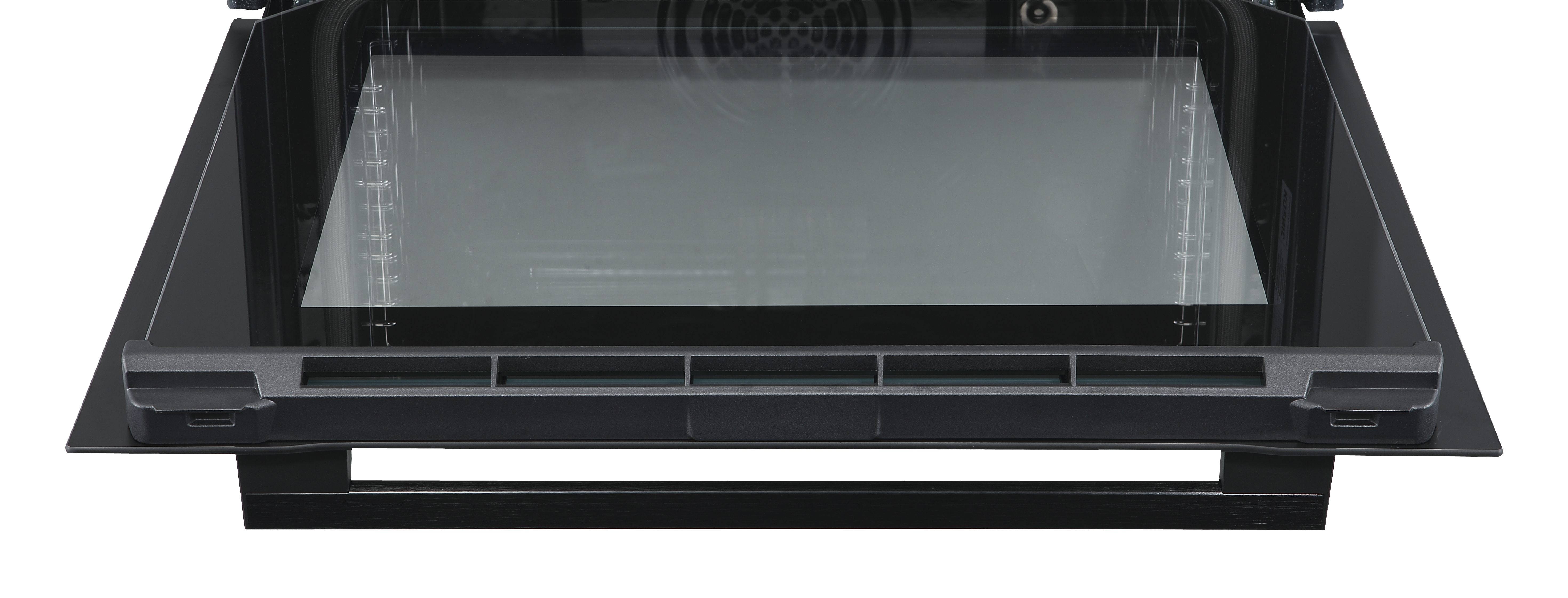 Nowoczesny czarny piekarnik ze szklanym frontem na czarnym tle.