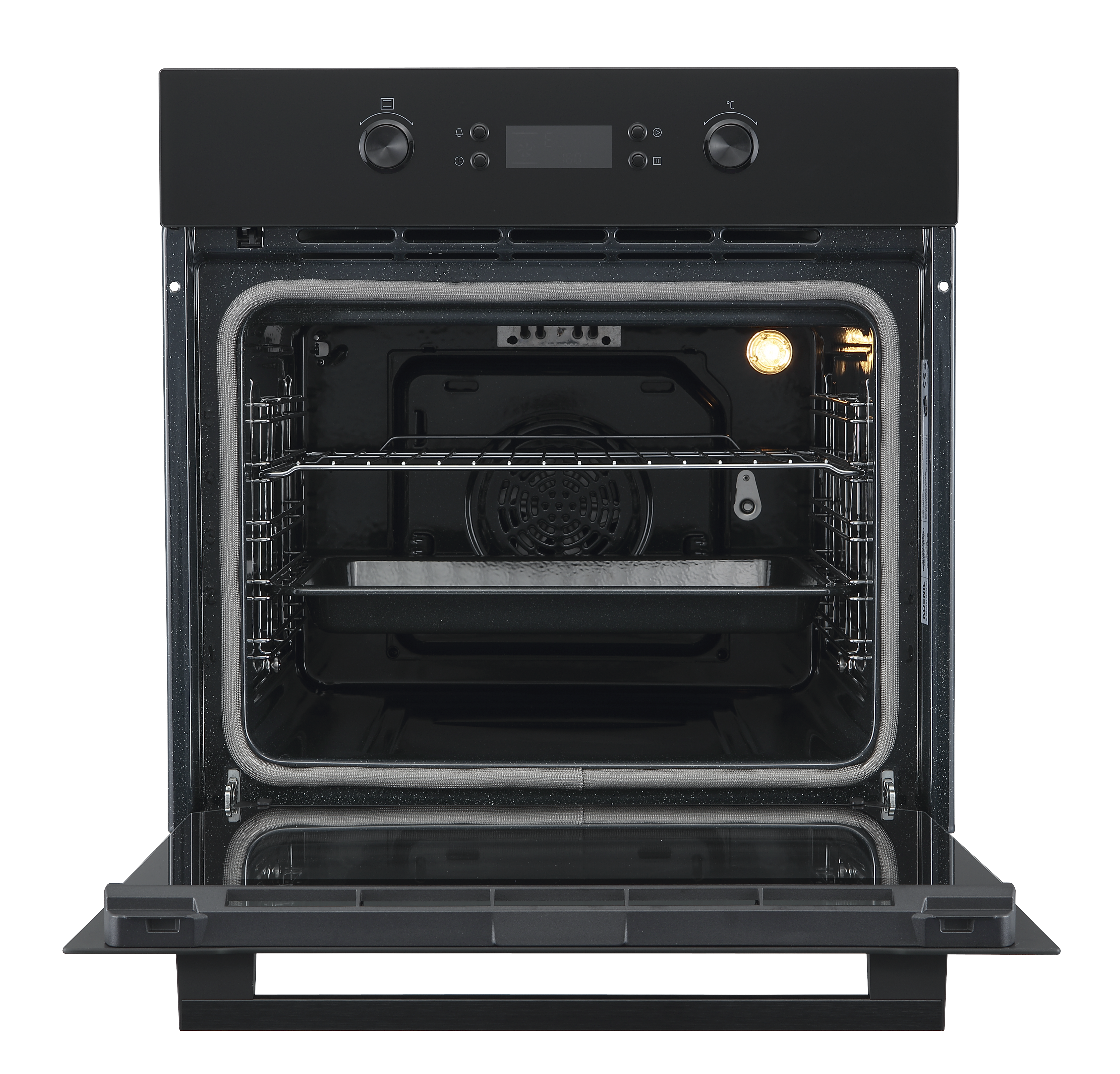Czarny piekarnik do zabudowy z otwartymi drzwiami i zapalonym światłem wewnętrznym.