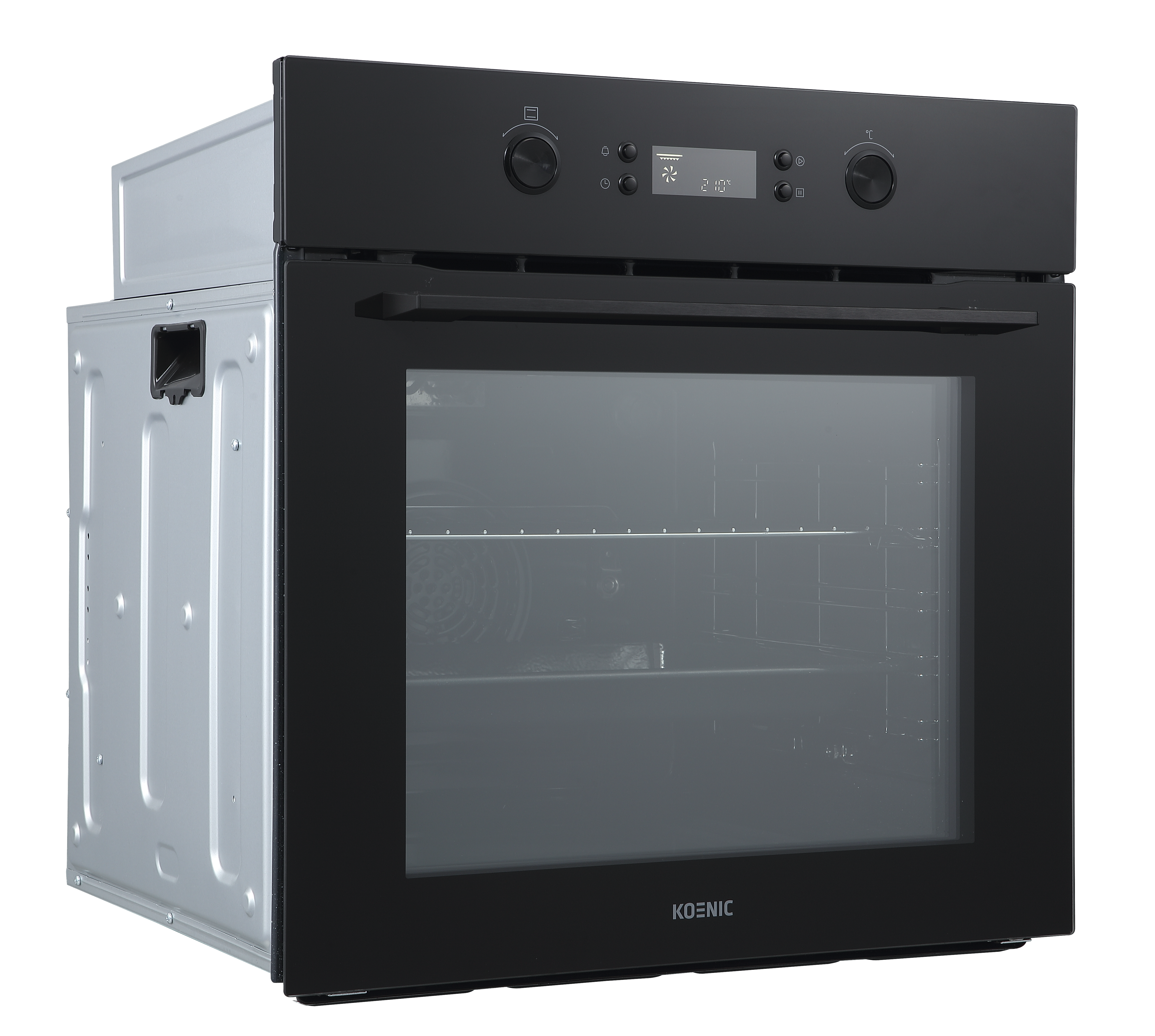 Czarny piekarnik do zabudowy z cyfrowym wyświetlaczem i detalami ze stali nierdzewnej.