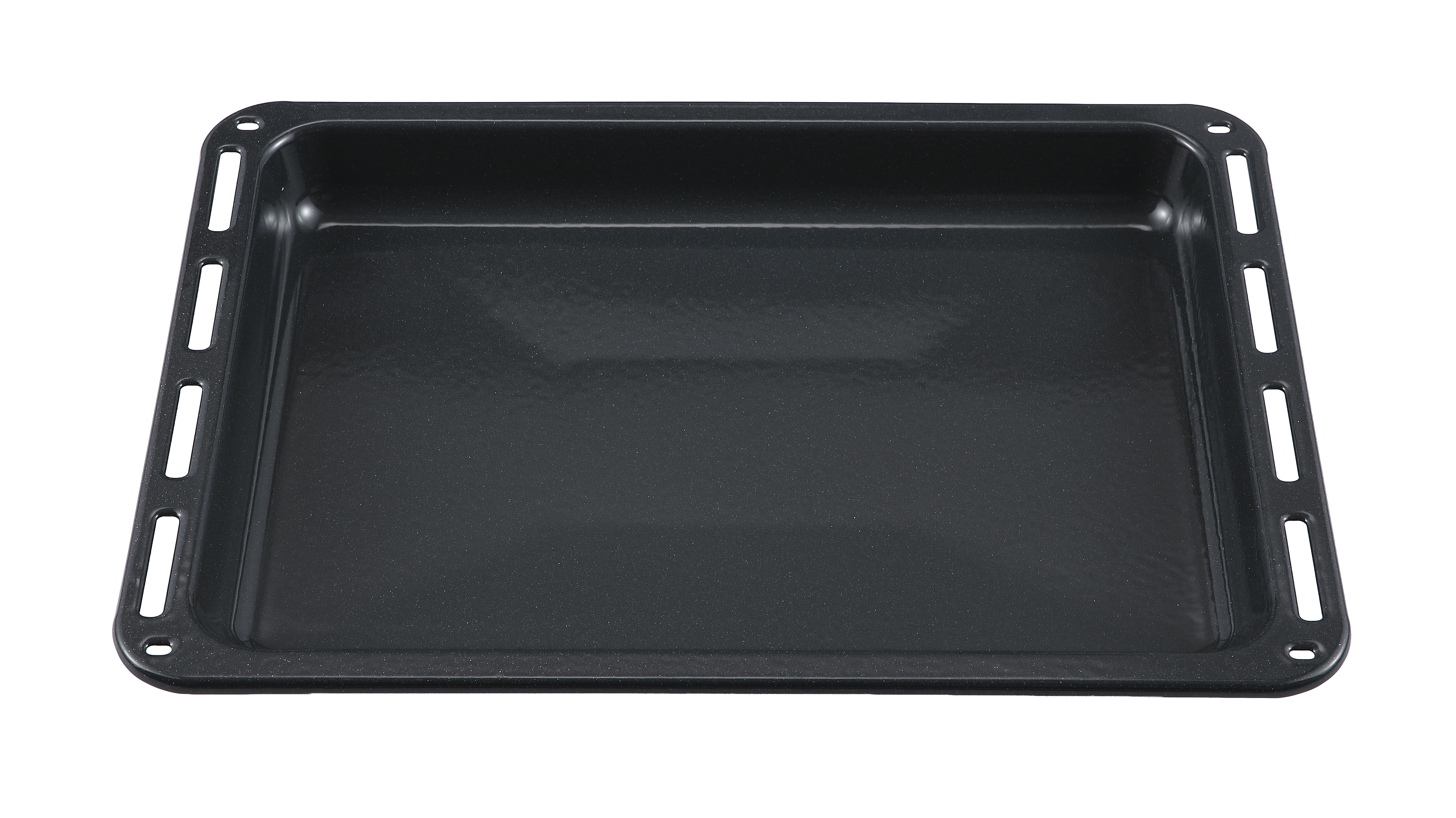 Prostokątna, czarna blacha do pieczenia z zaokrąglonymi rogami i szczelinami.