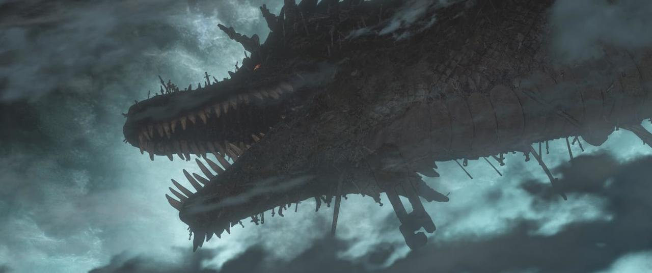 Ein dunkler, steinerner Drache schwebt über Wolken, mit kleinen Figuren auf seinem Rücken.